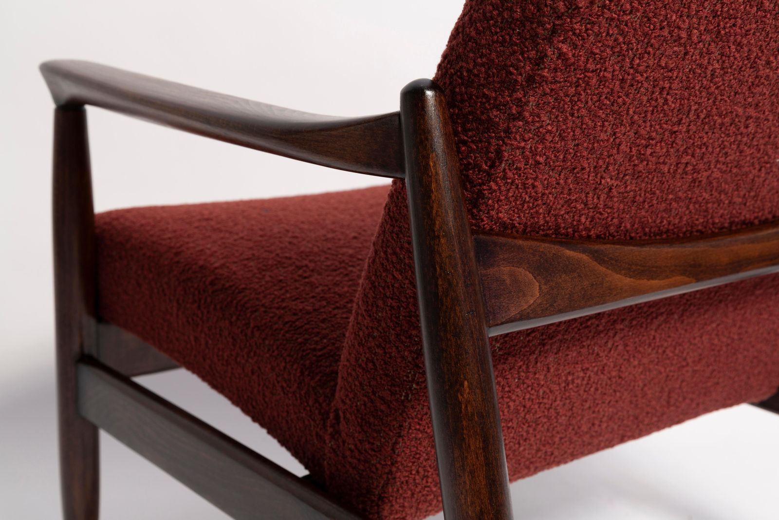 photo buy Two Mid Century Burgundy Boucle Gfm 64 Armchairs, Edmund Homa, Europe, 1960s