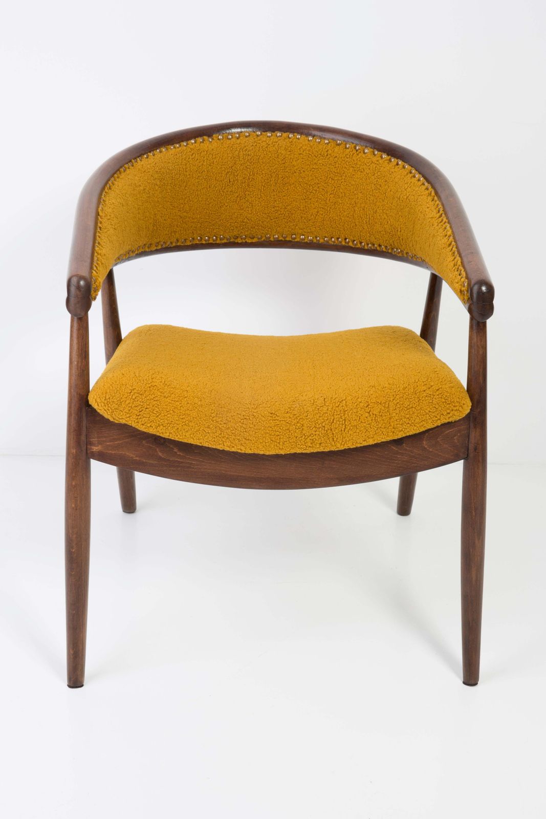 photo vinterior Set Of Two James Mont Bent Beech Armchairs, Yellow Ochra Boucle, 1960s