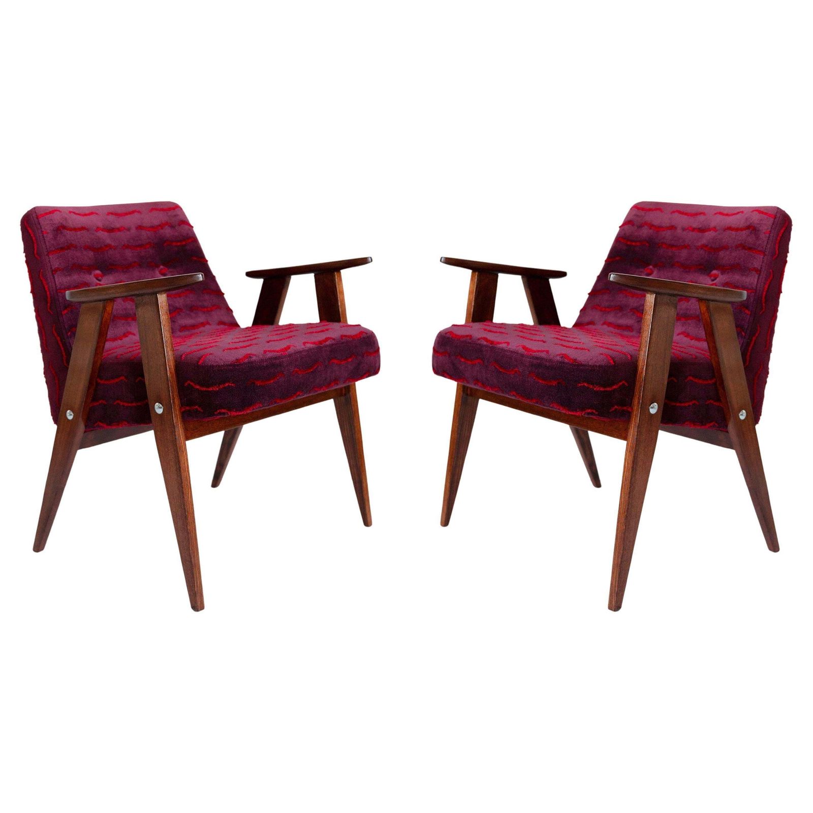 Paar Mid Century 366 Fauteuils, Donker Fluweel, J. Chierowski, Europa, Jaren 1960