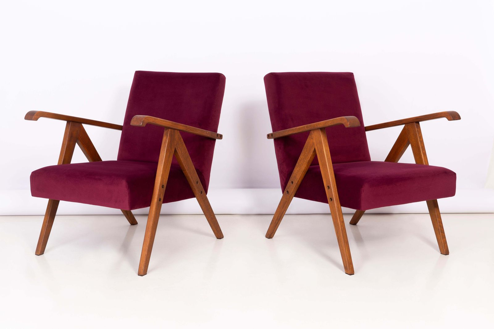 Set Of Four Midcentury Burgundy Velvet Var Armchairs, Europe, 1960s. photo for sale
