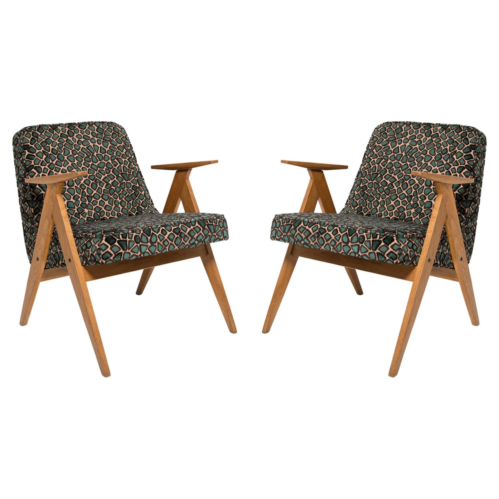 Two Mid Century 366 Armchairs In Leopard Velvet, By Chierowski, Europe, 1960s