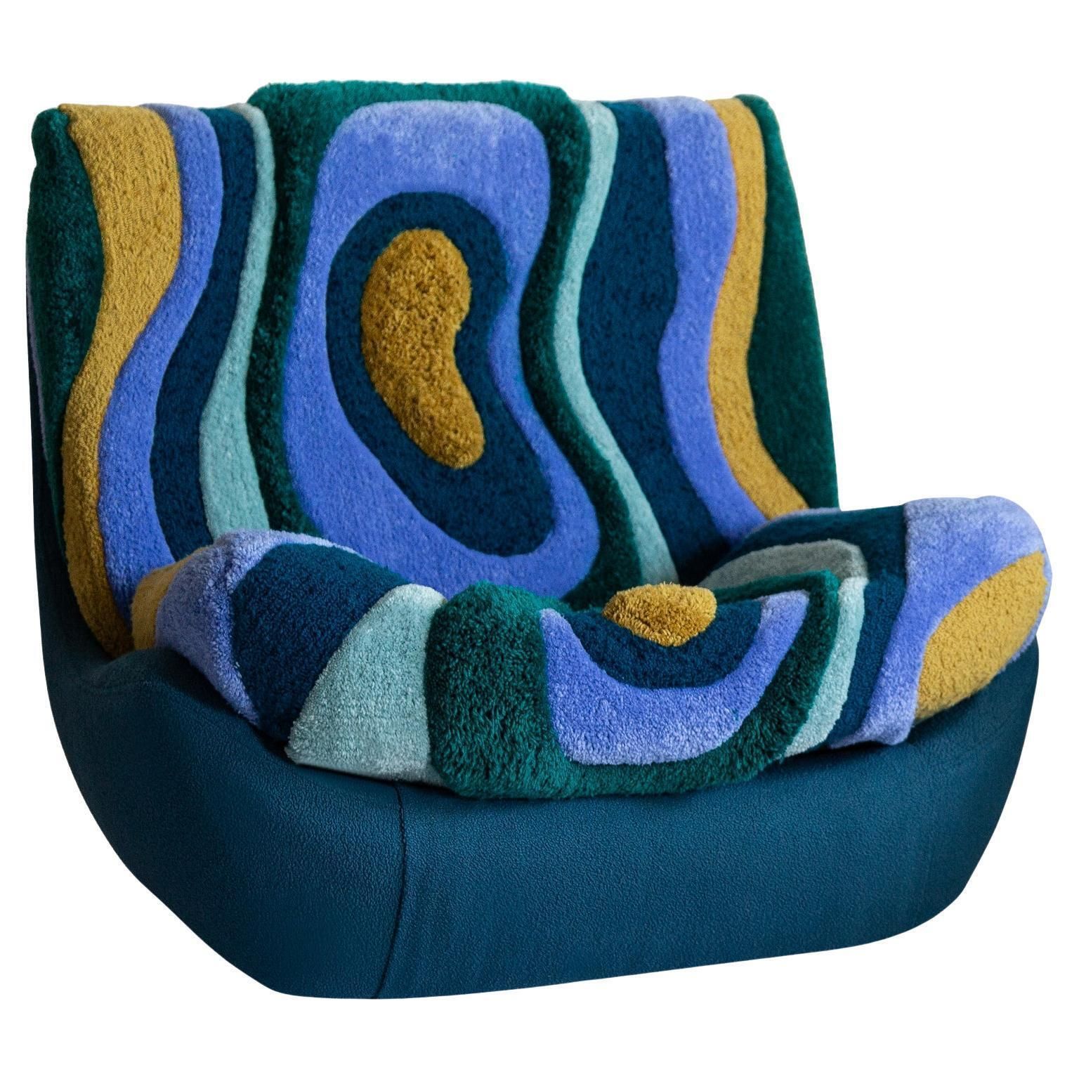 Mid Century Vintage Hand Tufting Blue Atlantis Big Armchair, 1960s