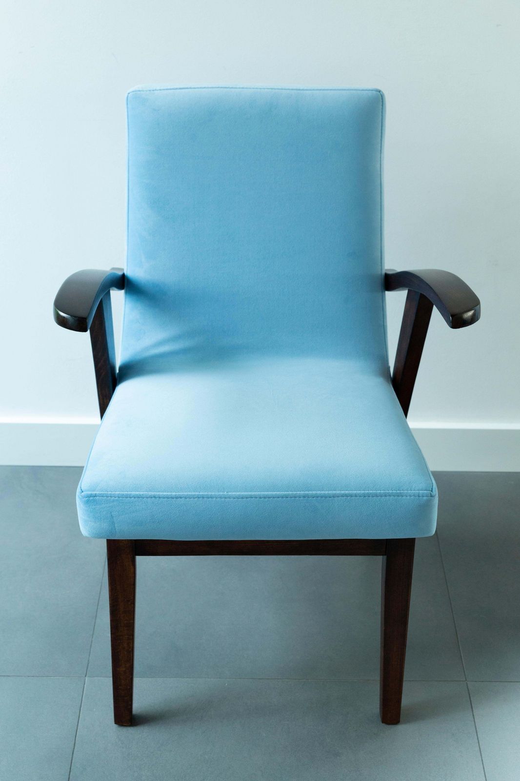 photo for sale Set Of Six 20th Century Armchairs In Baby Blue Velvet, Mieczyslaw Puchala, 1960s