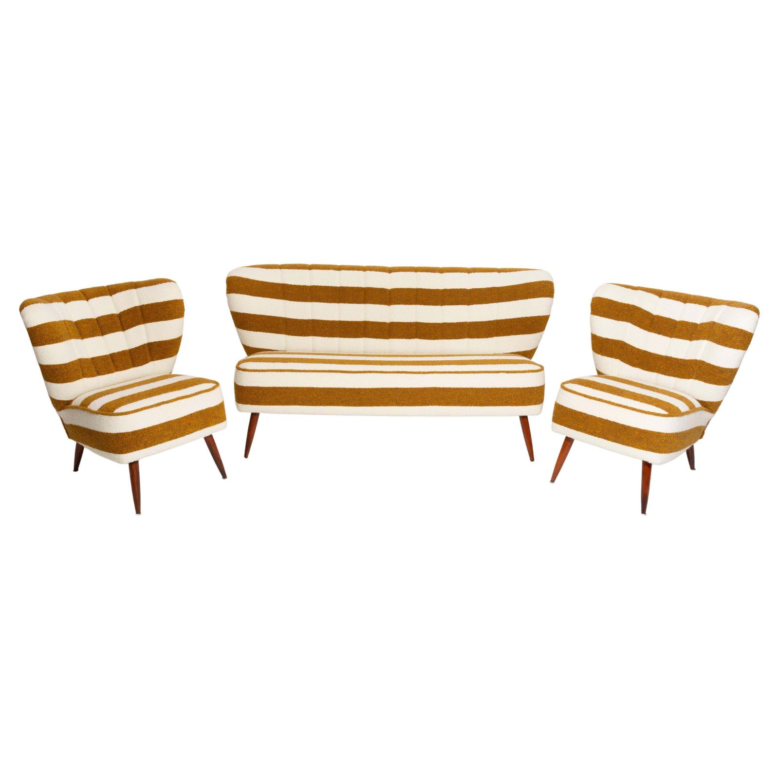 Set Of Mid Century White And Mustard Boucle Sofa And Armchairs, Europe, 1960s