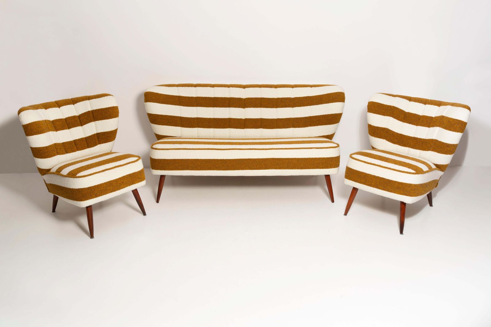 Set Of Mid Century White And Mustard Boucle Sofa And Armchairs, Europe, 1960s photo furniture