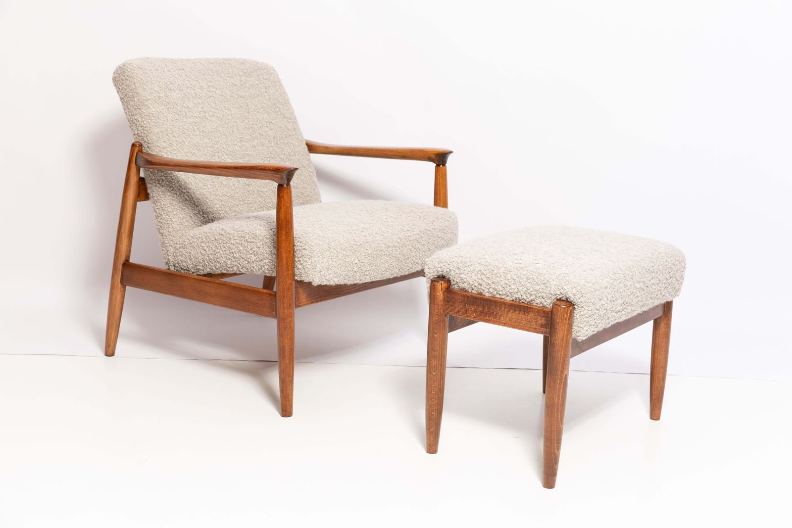 Midcentury Gray Alpaca Wool Armchairs And Stools, Edmund Homa, Poland, 1960s photo furniture