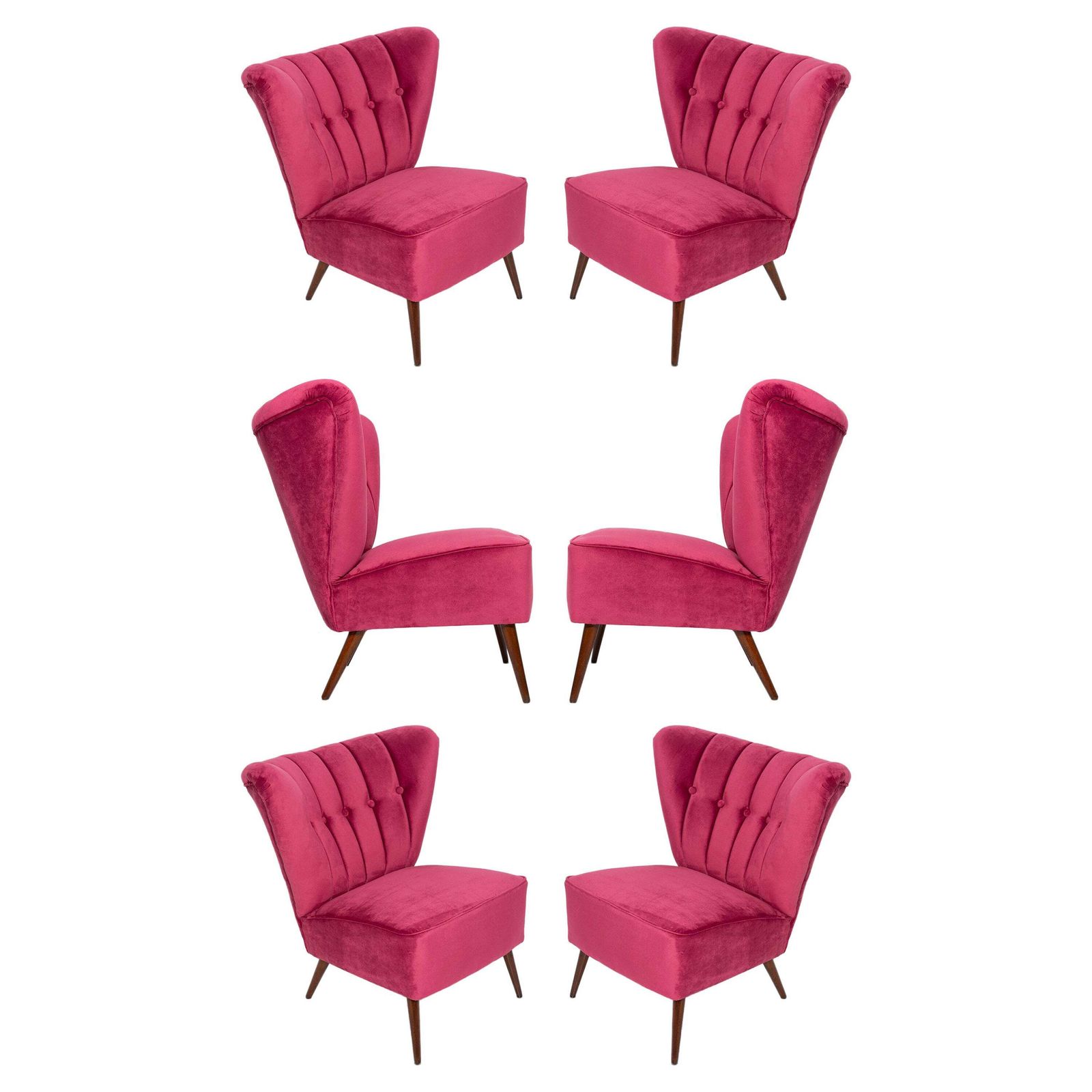 Set Of Six Midcentury Pink Magenta Velvet Club Armchairs, Europe, 1960s