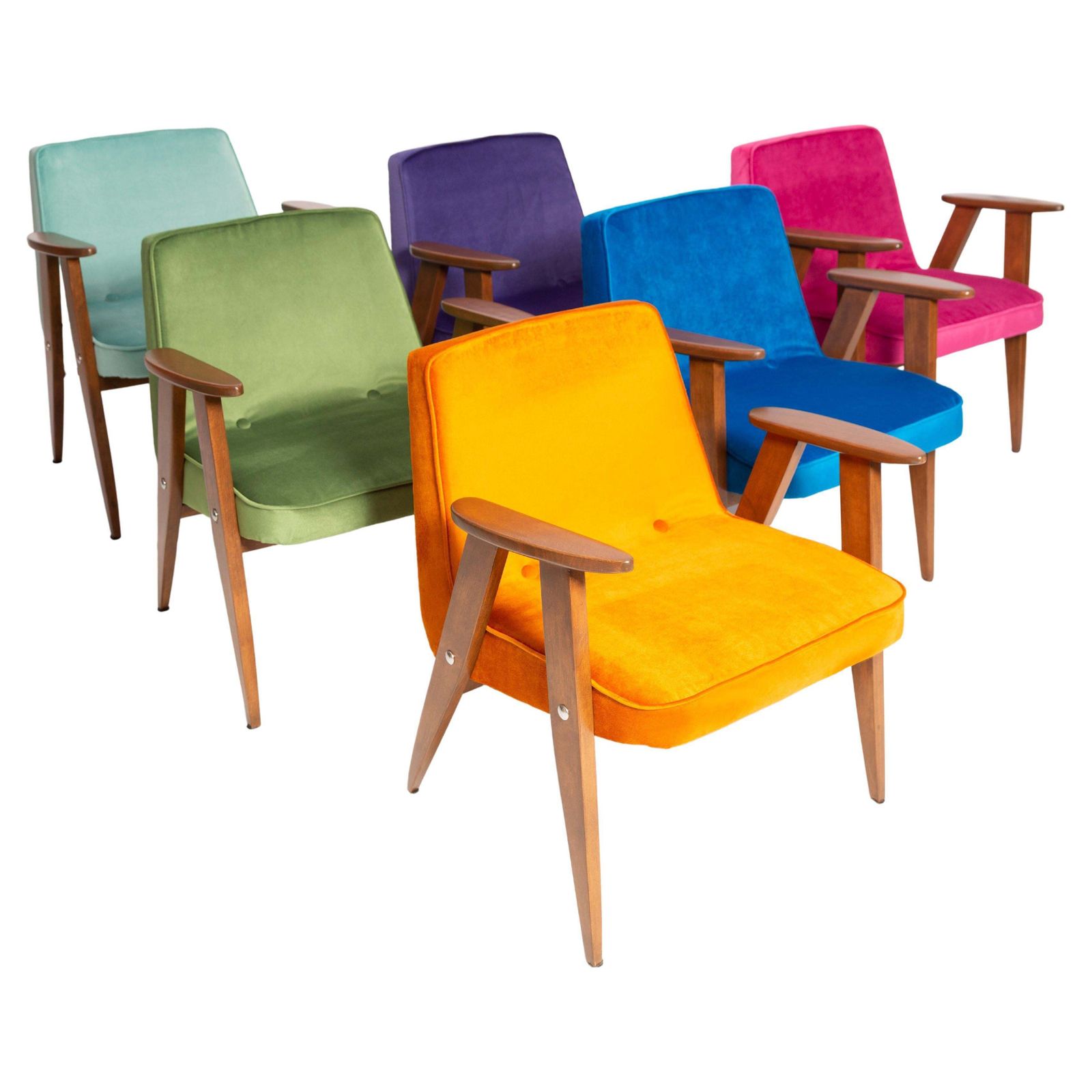 Set Van Zes Mid Century 366 Fauteuils, Fluweel, Jozef Chierowski, Europa 1960
