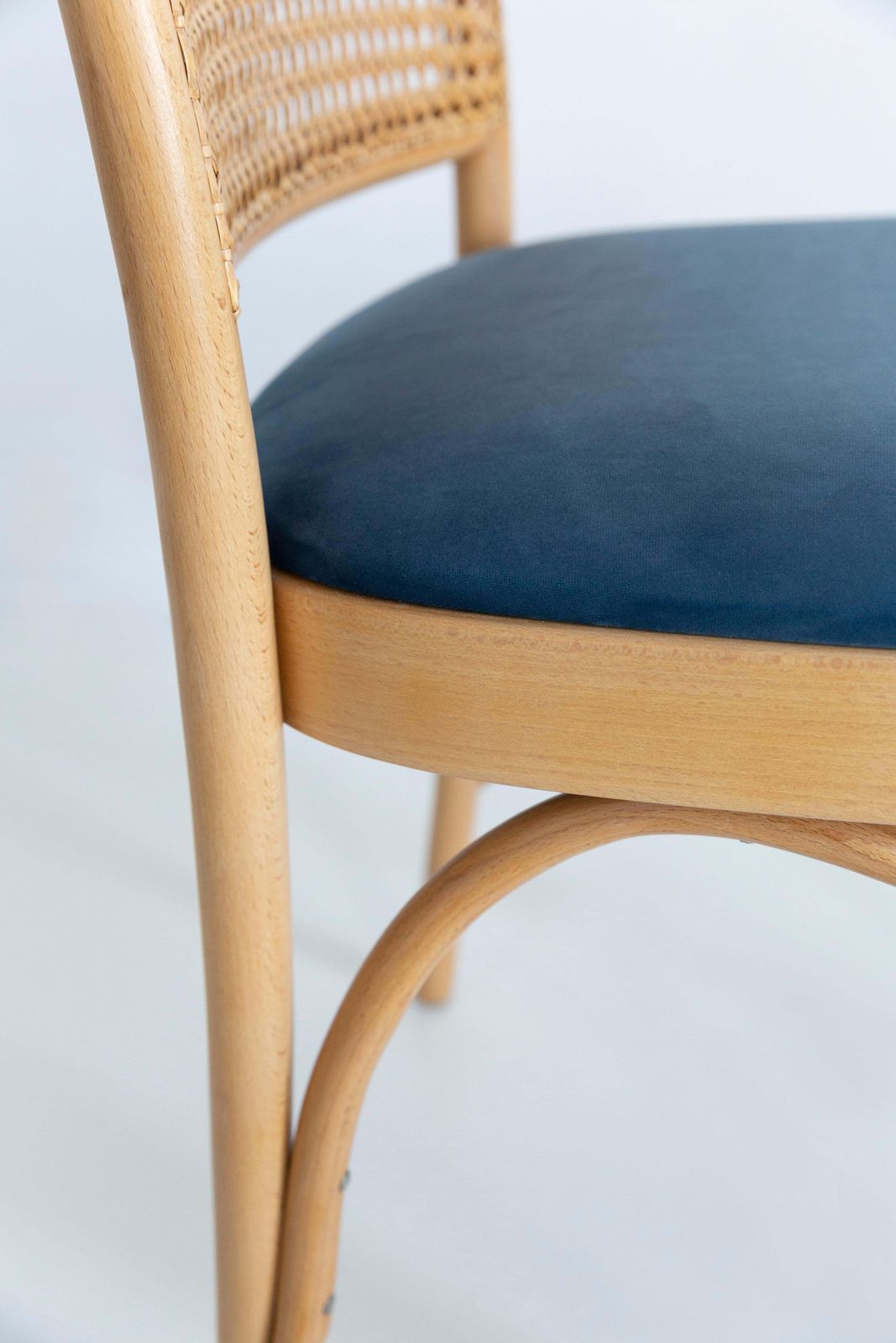 Blue Velvet Thonet Wood Rattan Chair, 1960s photo 510.0