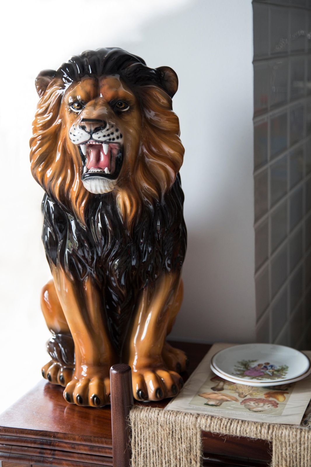Mid Century Hand Painted Ceramic Lion Sculpture, Italy, 1960s photo furniture