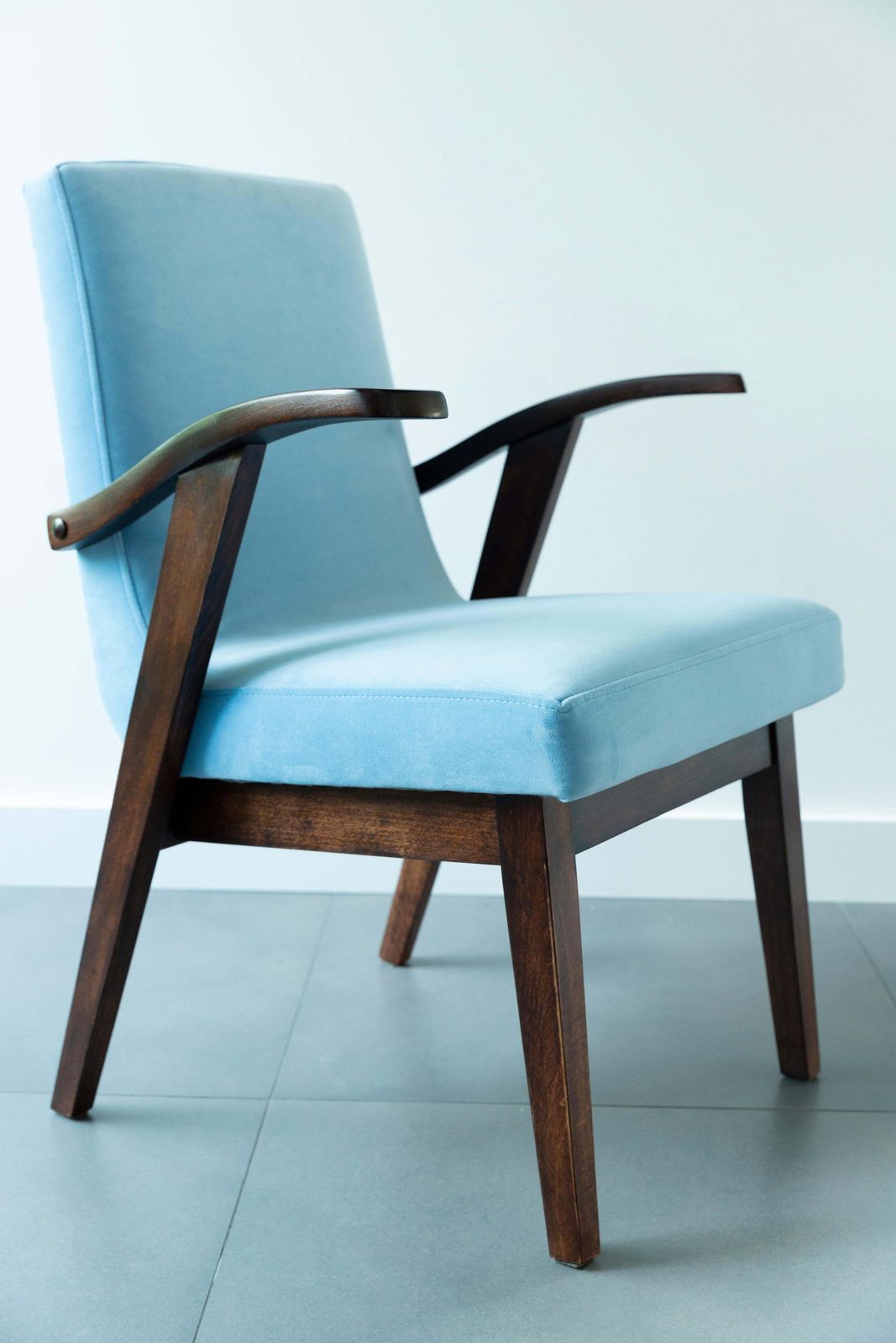 20th Century Vintage Armchair In Baby Blue Velvet By Mieczyslaw Puchala, 1960s photo buy
