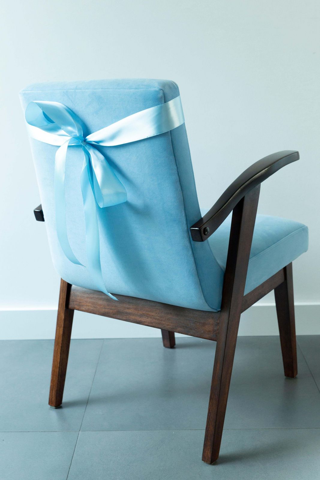 photo buy 20th Century Vintage Armchair In Baby Blue Velvet By Mieczyslaw Puchala, 1960s