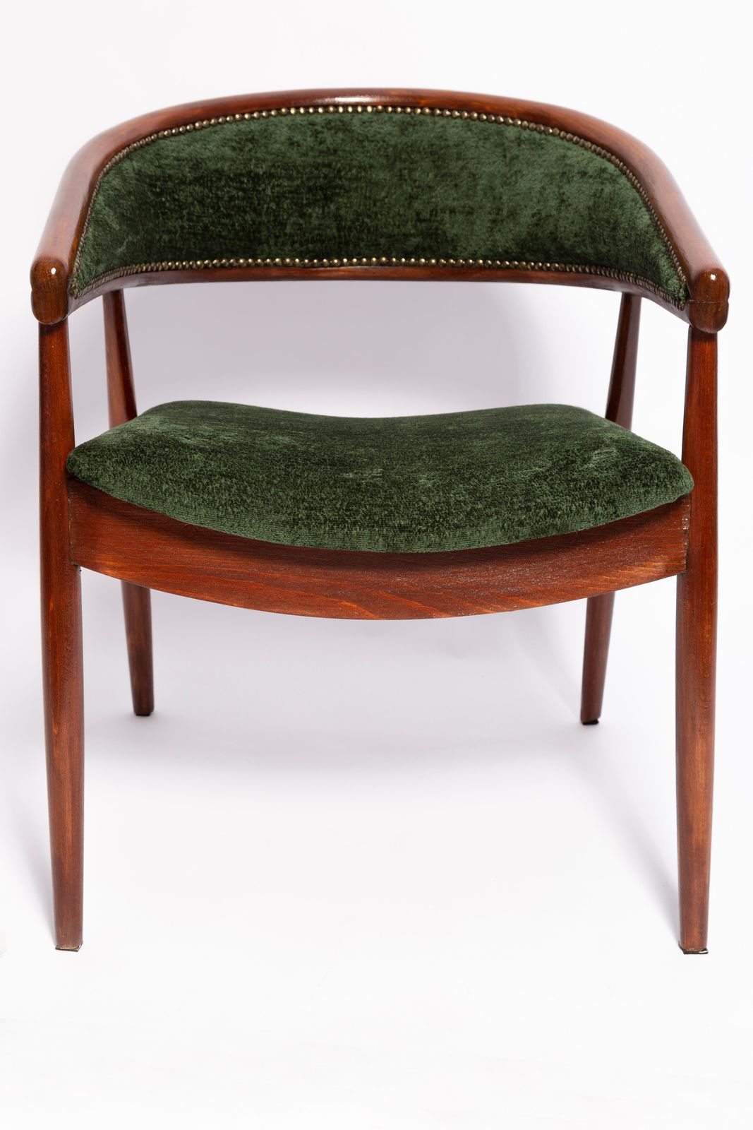 photo vinterior Mid Century James Mont Gebogen Beuken "King Cole" Fauteuil, Donkergroen Fluweel, Jaren 1960