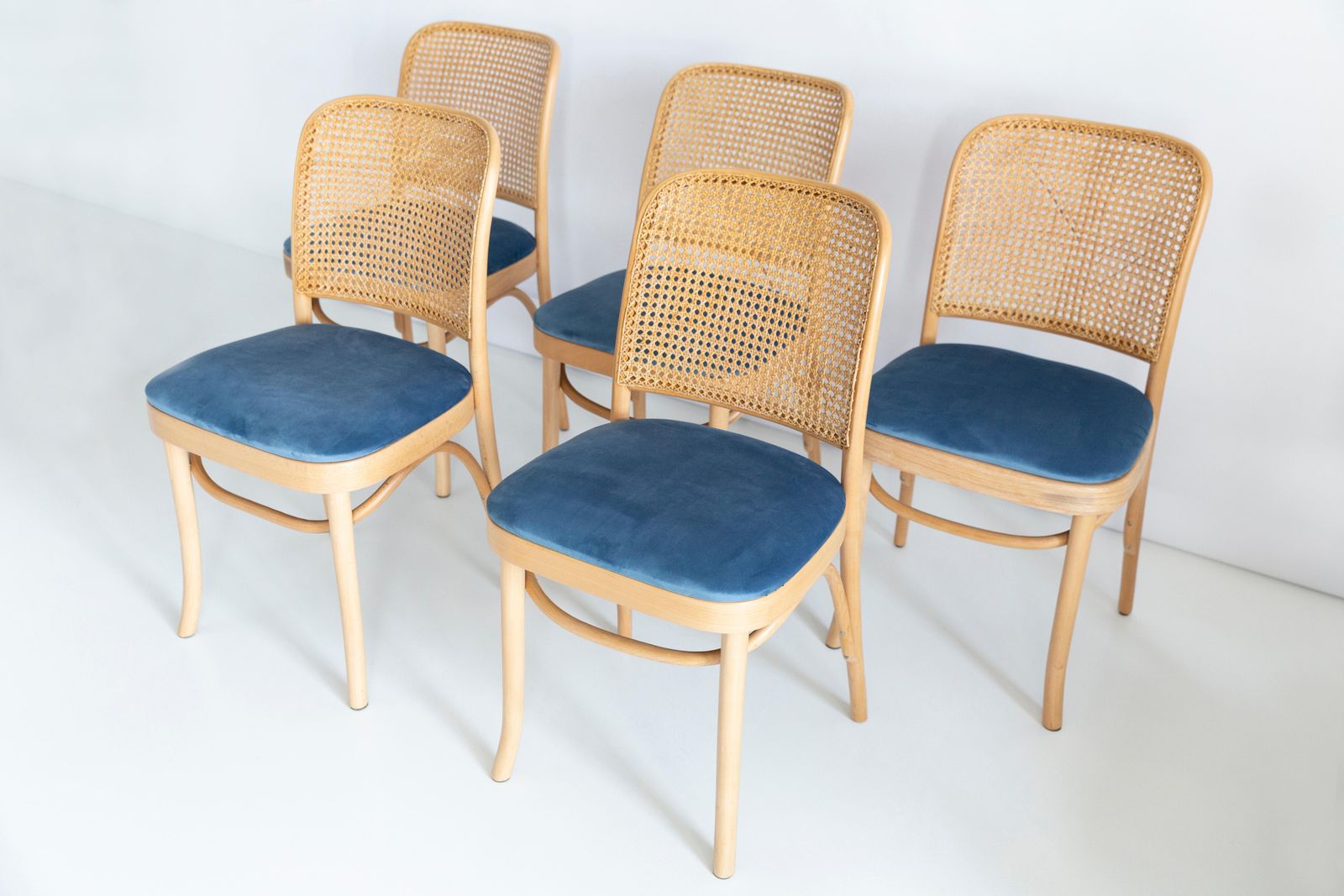 Set Of Five Blue Velvet Thonet Wood Rattan Chairs, 1960s photo furniture