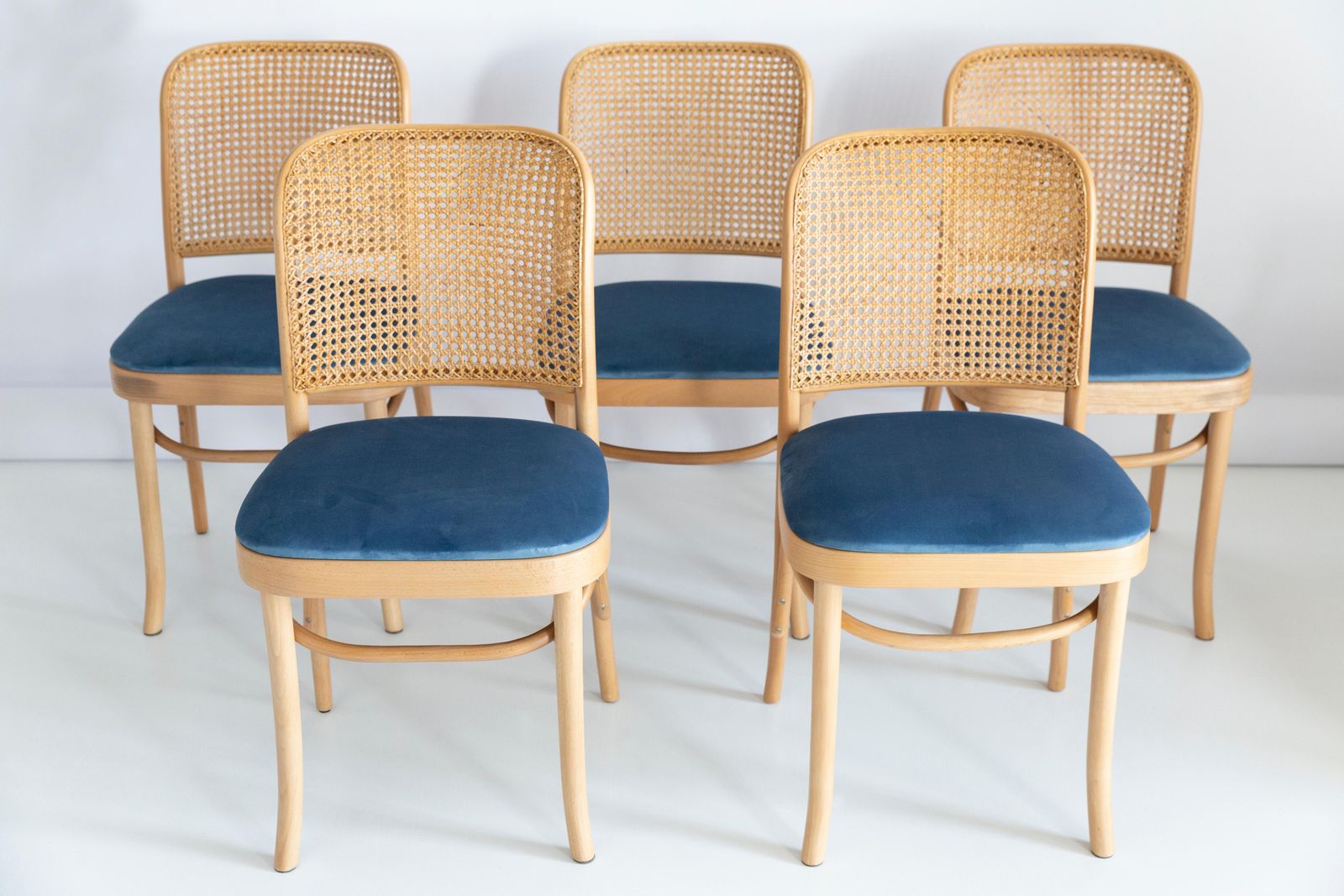 Set Of Five Blue Velvet Thonet Wood Rattan Chairs, 1960s photo 2551.0