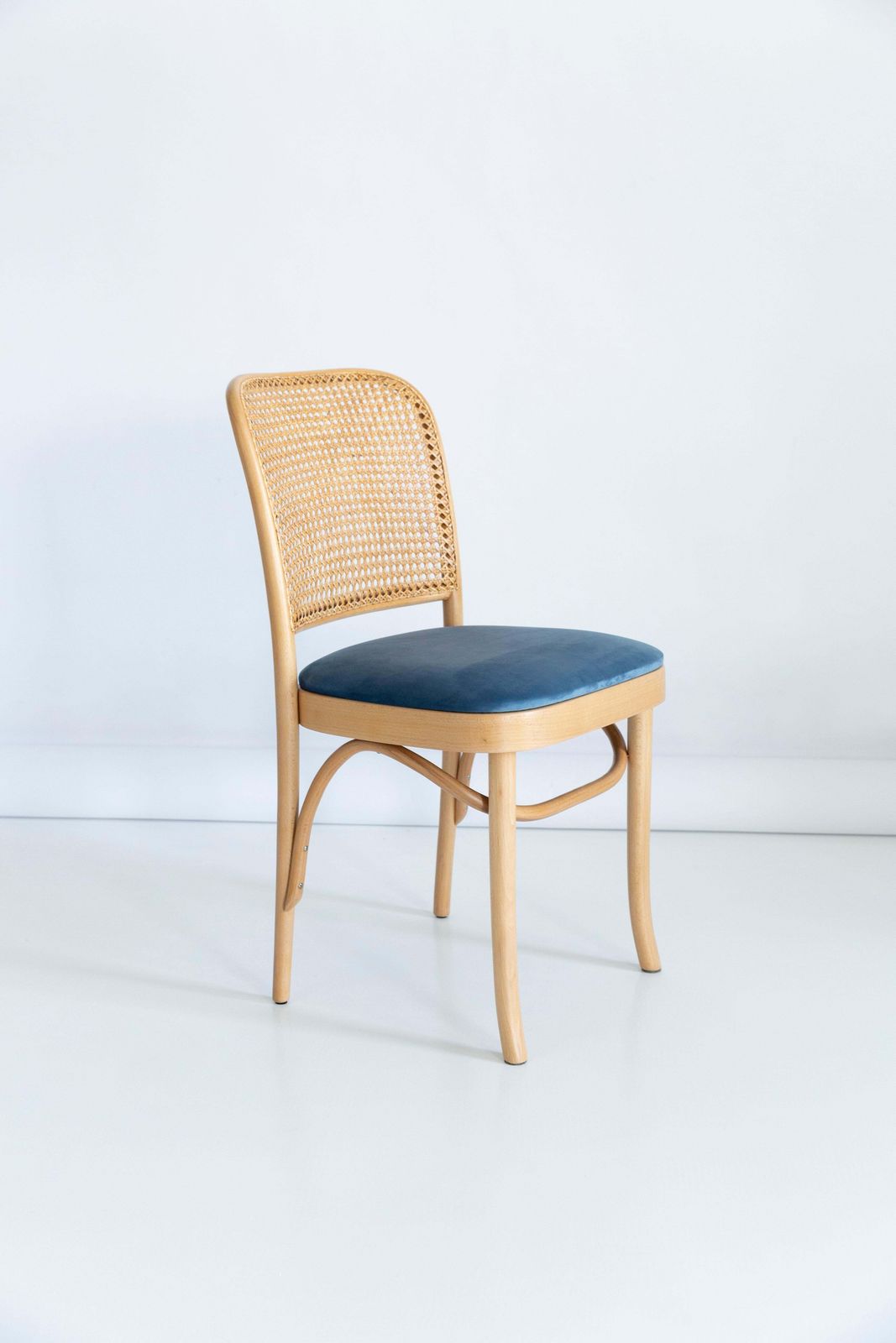 Furniture Set Of Five Blue Velvet Thonet Wood Rattan Chairs, 1960s photo