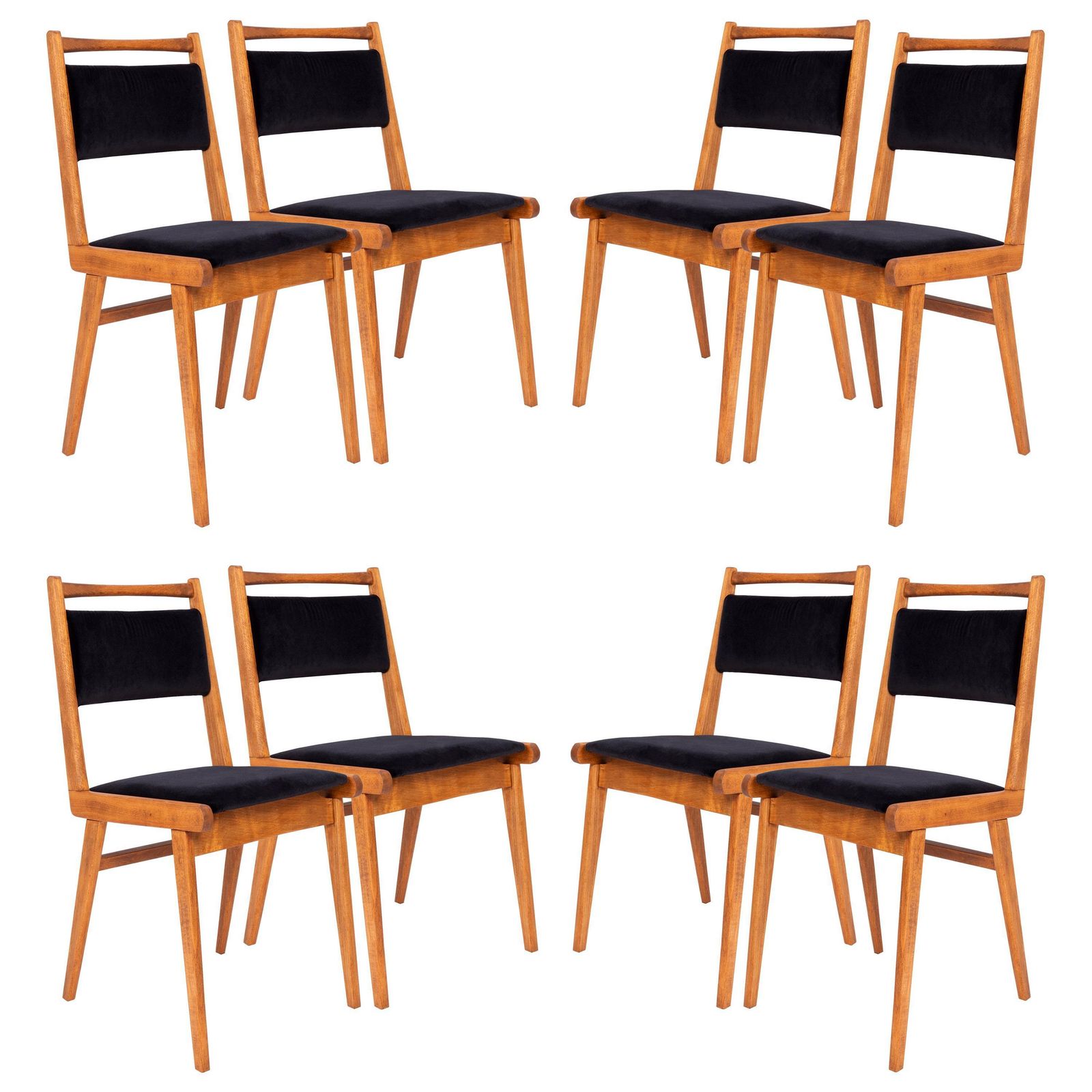 Set Of Eight 20th Century Black Velvet Chairs, Poland, 1960s
