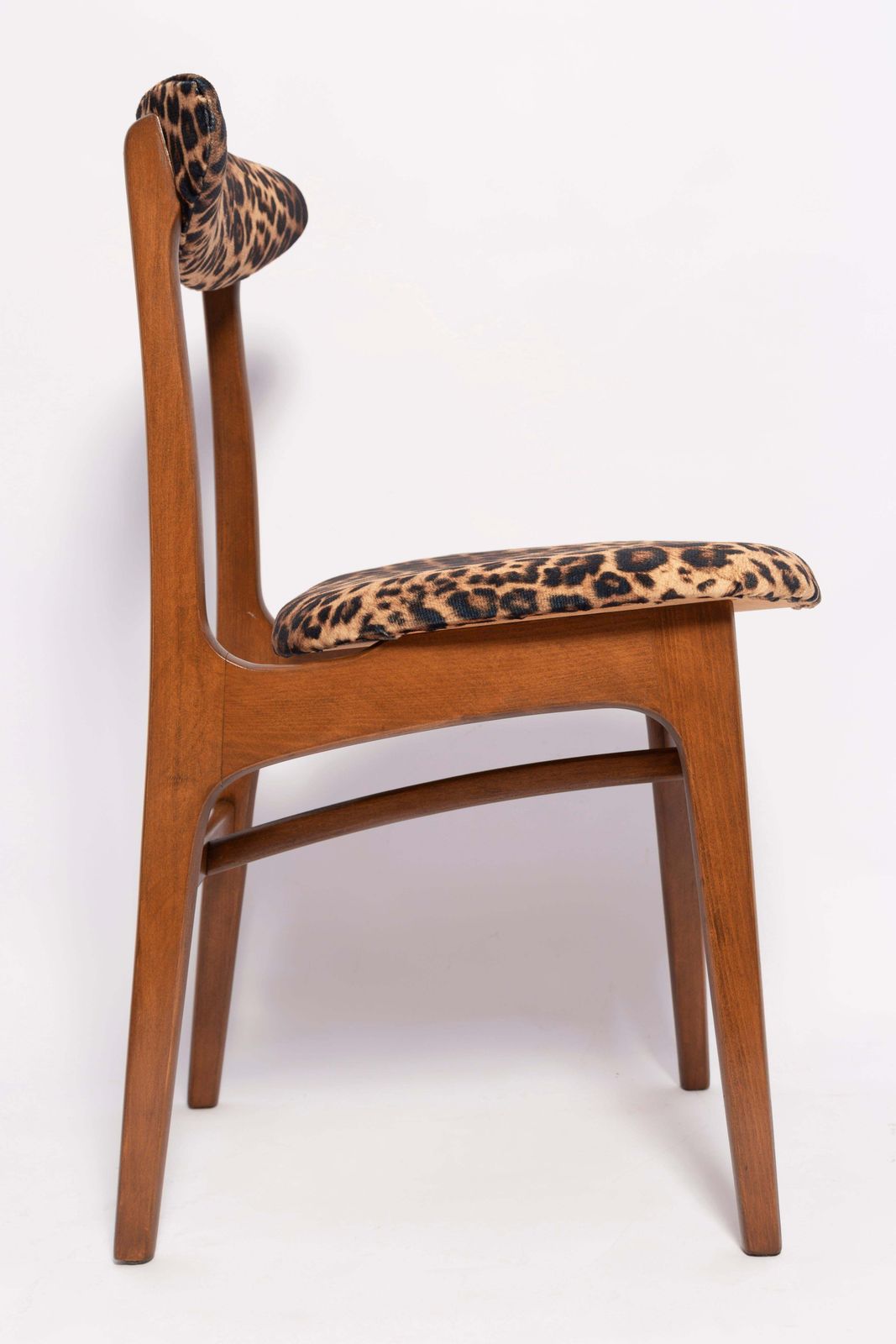 Six Mid Century Leopard Velvet Chairs, Walnut Wood, Rajmund Halas, Poland, 1960s photo Furniture