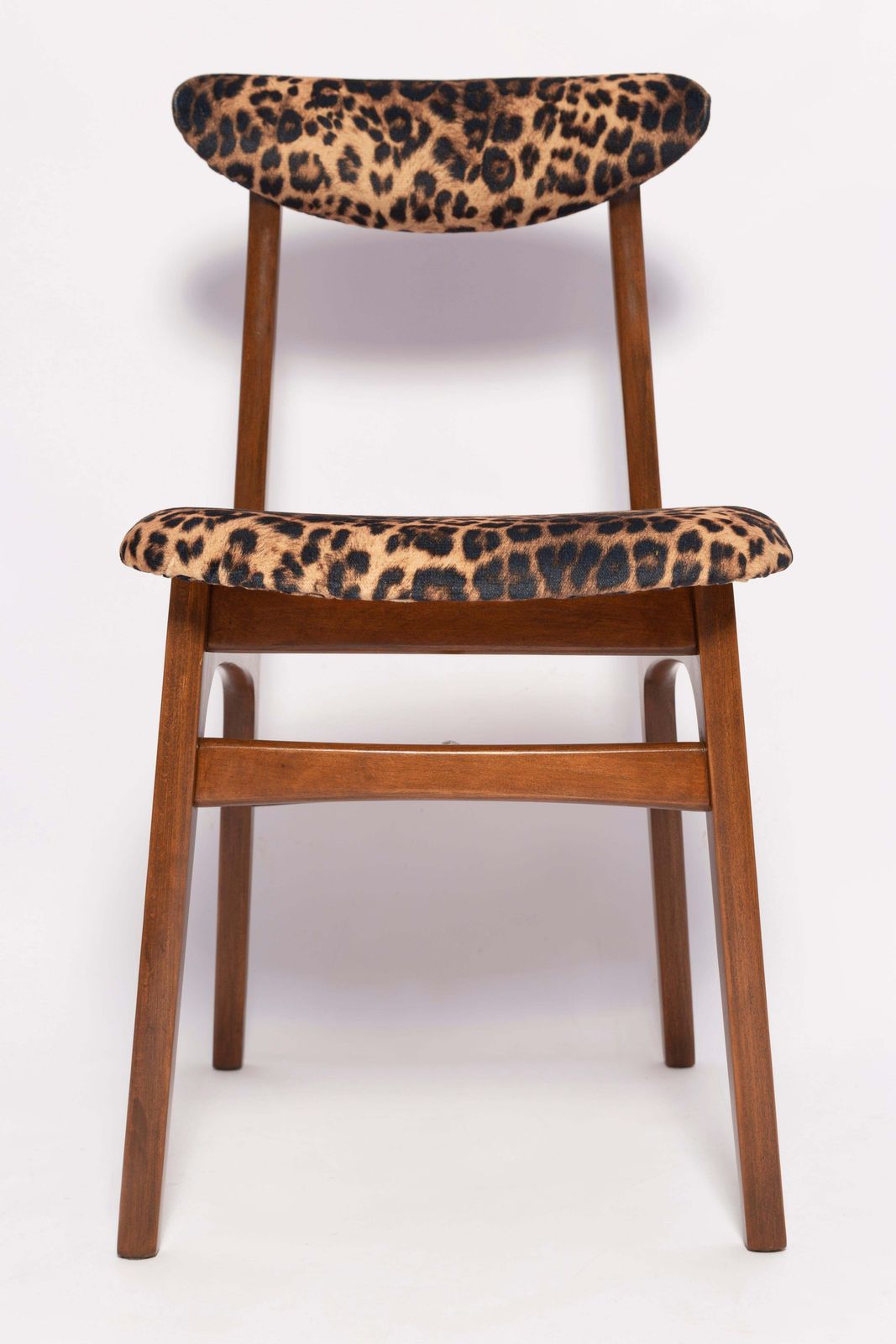 Six Mid Century Leopard Velvet Chairs, Walnut Wood, Rajmund Halas, Poland, 1960s photo vinterior
