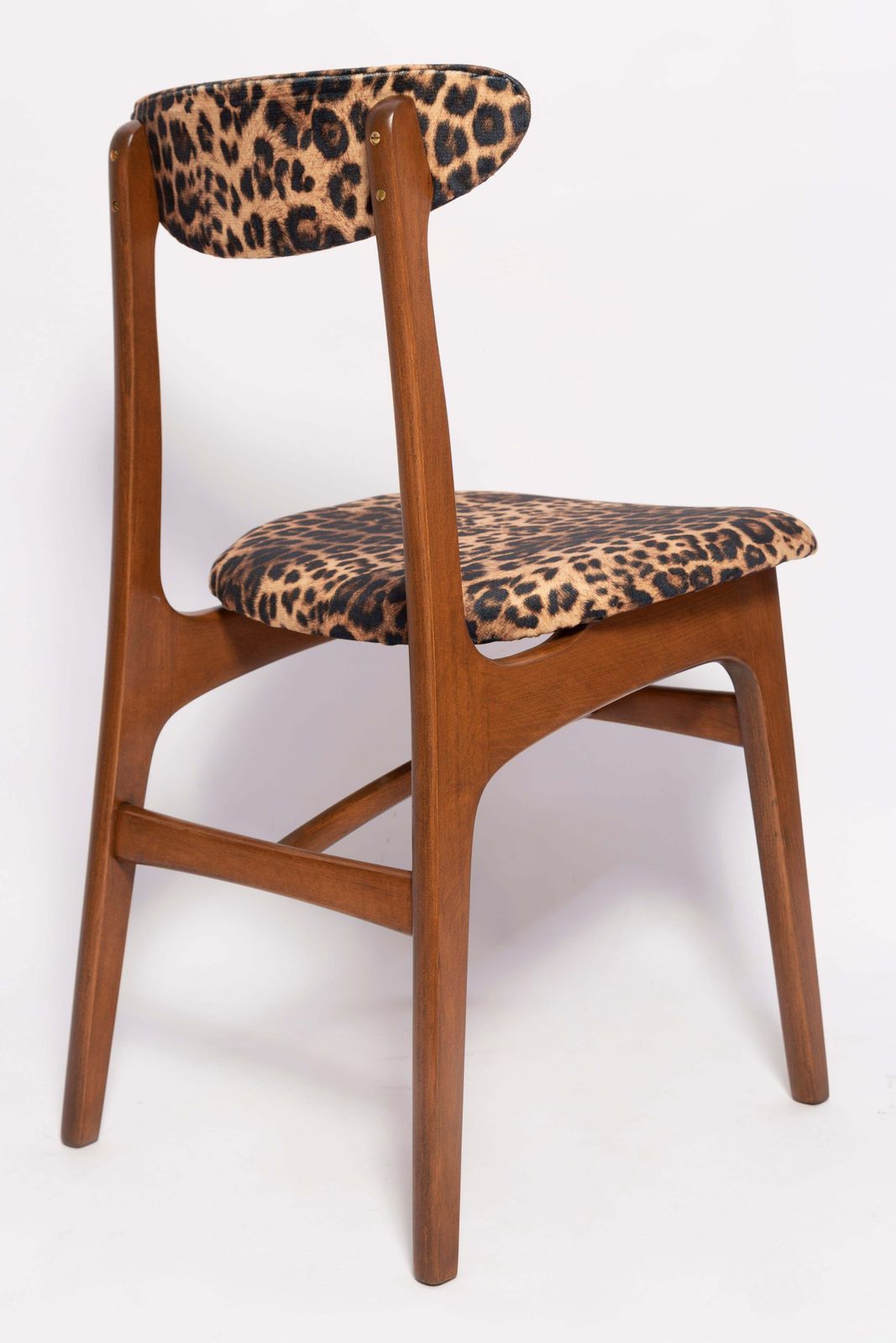photo furniture Six Mid Century Leopard Velvet Chairs, Walnut Wood, Rajmund Halas, Poland, 1960s