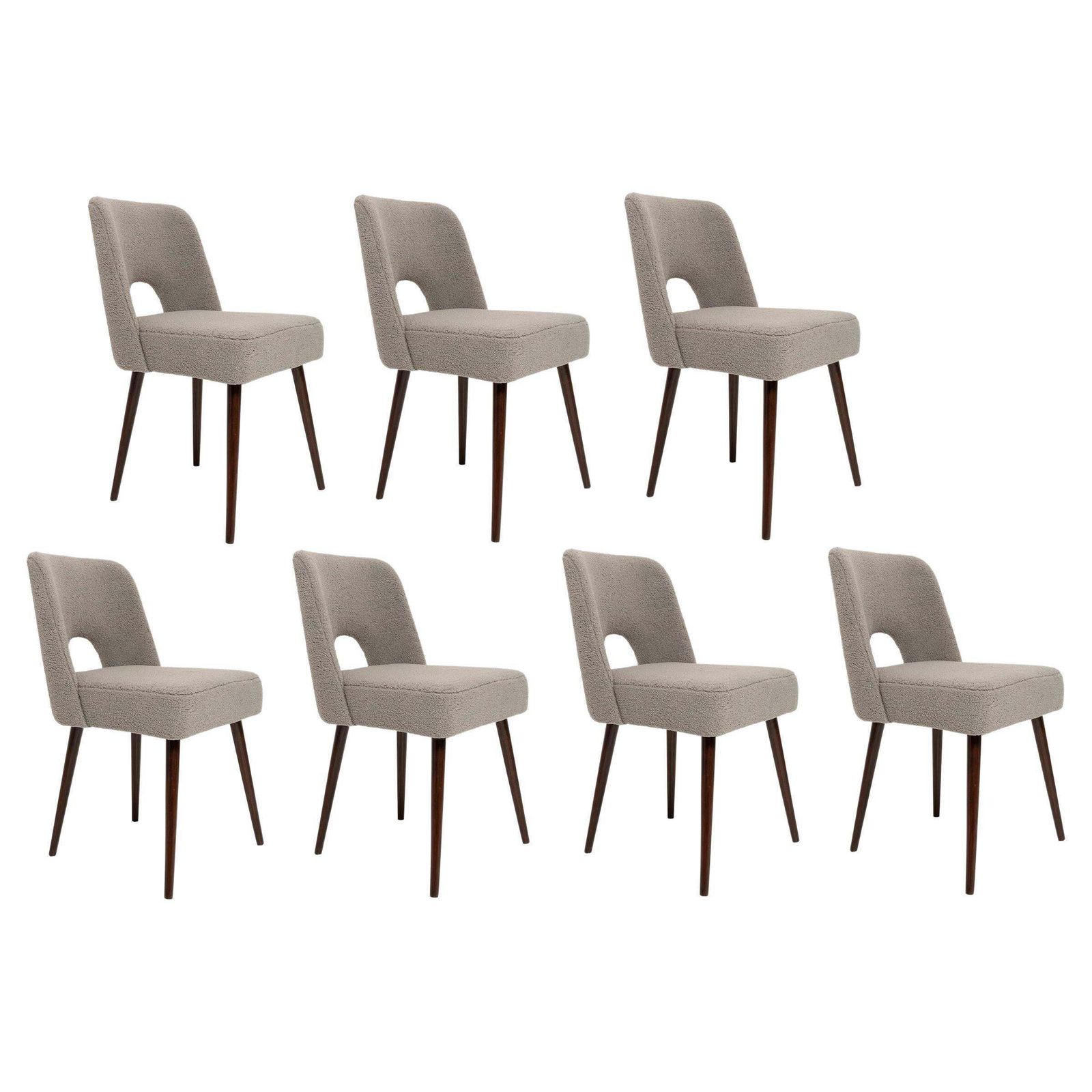 Set Of Seven Gray Boucle 'Shell' Chairs, Dark Beech Wood, Europe, 1960s