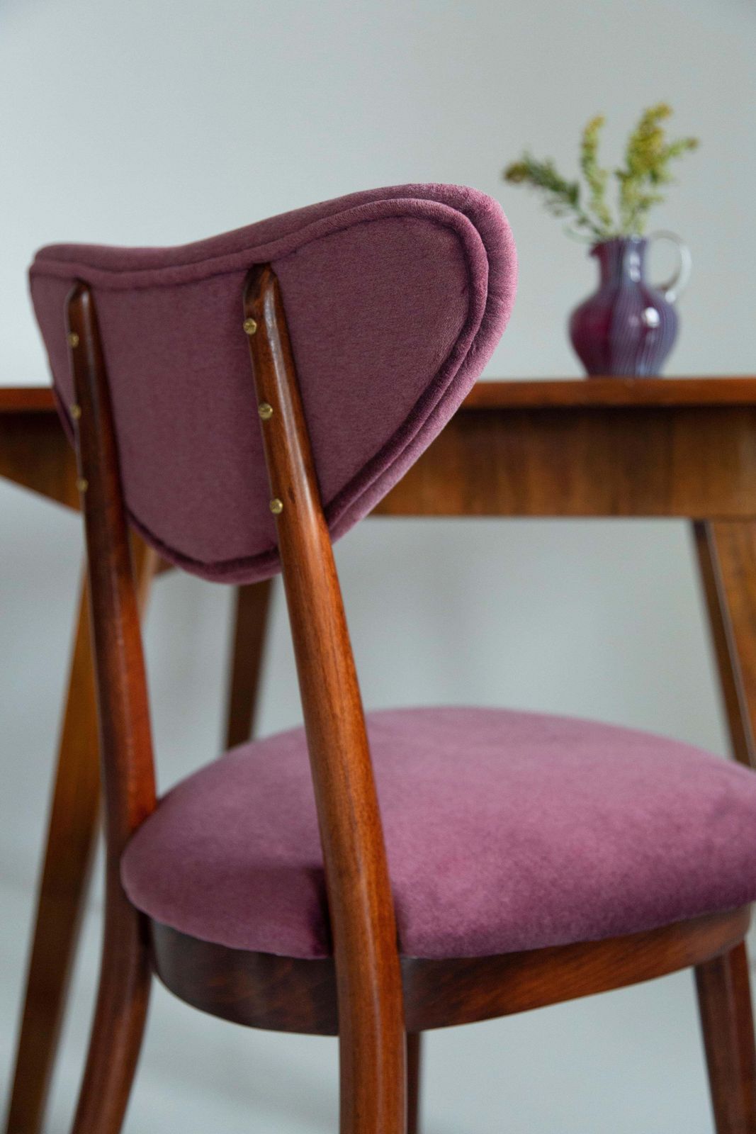 Set Of Eight Midcentury Plum Violet Velvet Heart Chairs, Europe, 1960s photo for sale
