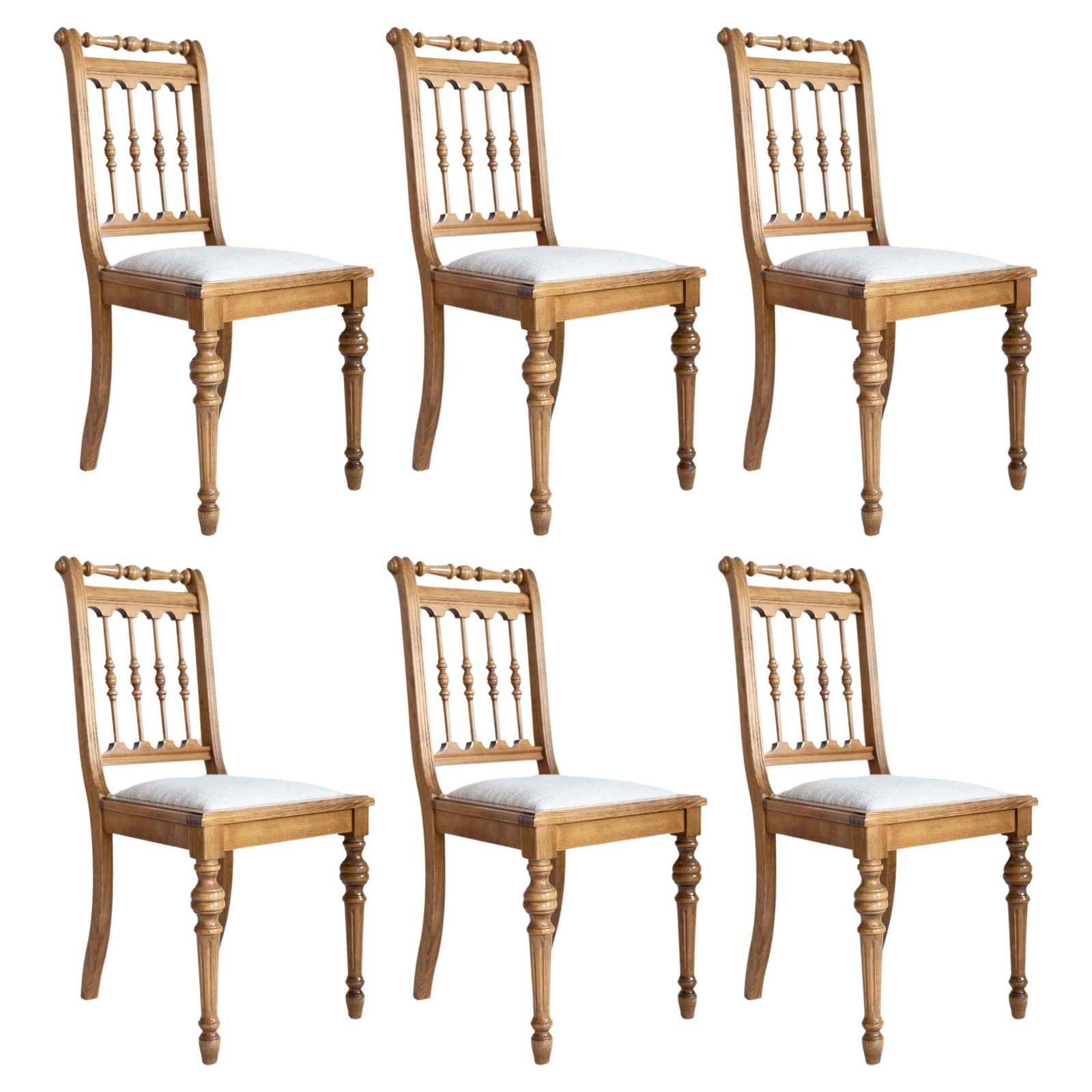 Set Of Six Mid Century Unique Chairs, White Chenille, Oak Wood, Europe, 1960s