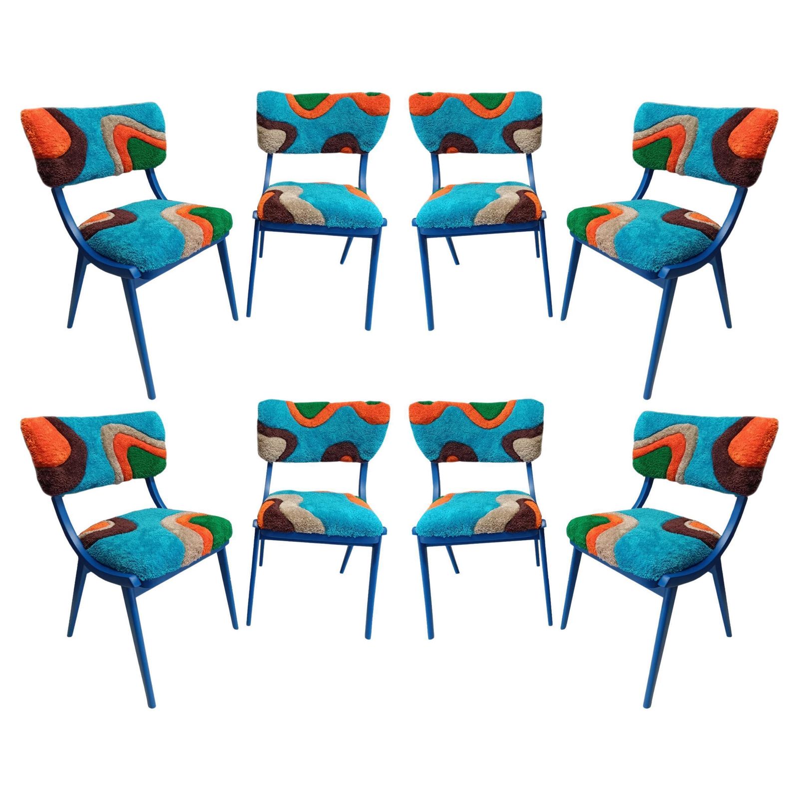 Eight Mid Century Modern Bumerang Chairs, Tufting Blue Green Wool, Poland, 1960s