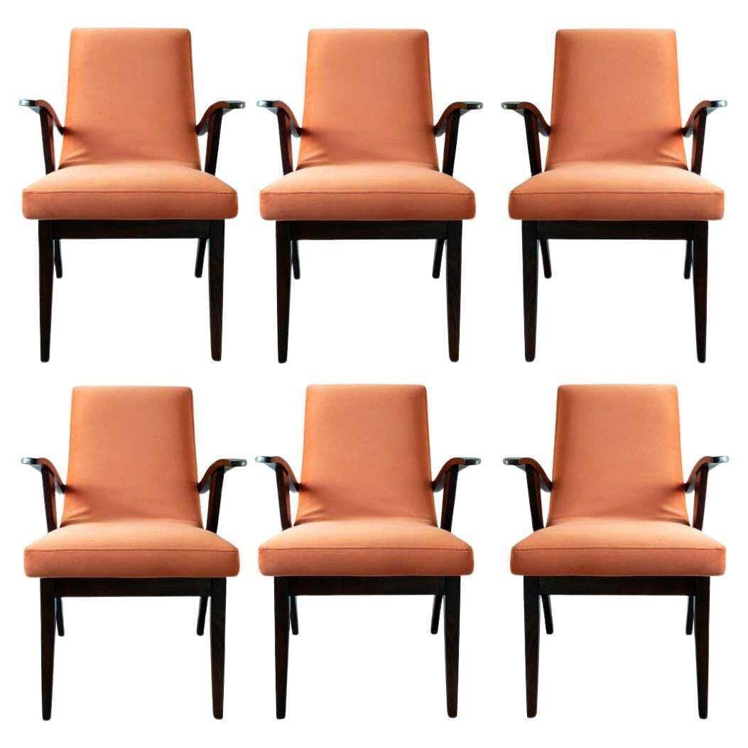 Set Of Six Vintage Chairs In Orange Velvet By Mieczyslaw Puchala, Europe, 1960s