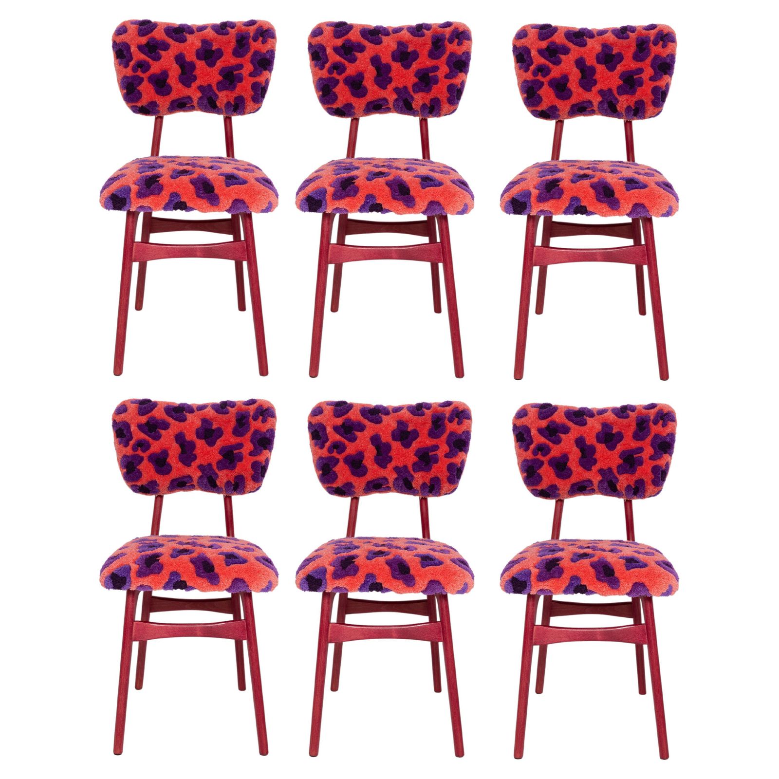 Six Mid Century Butterfly Chairs, Hand Tufting Pink Wool Leopard, Europe, 1960s