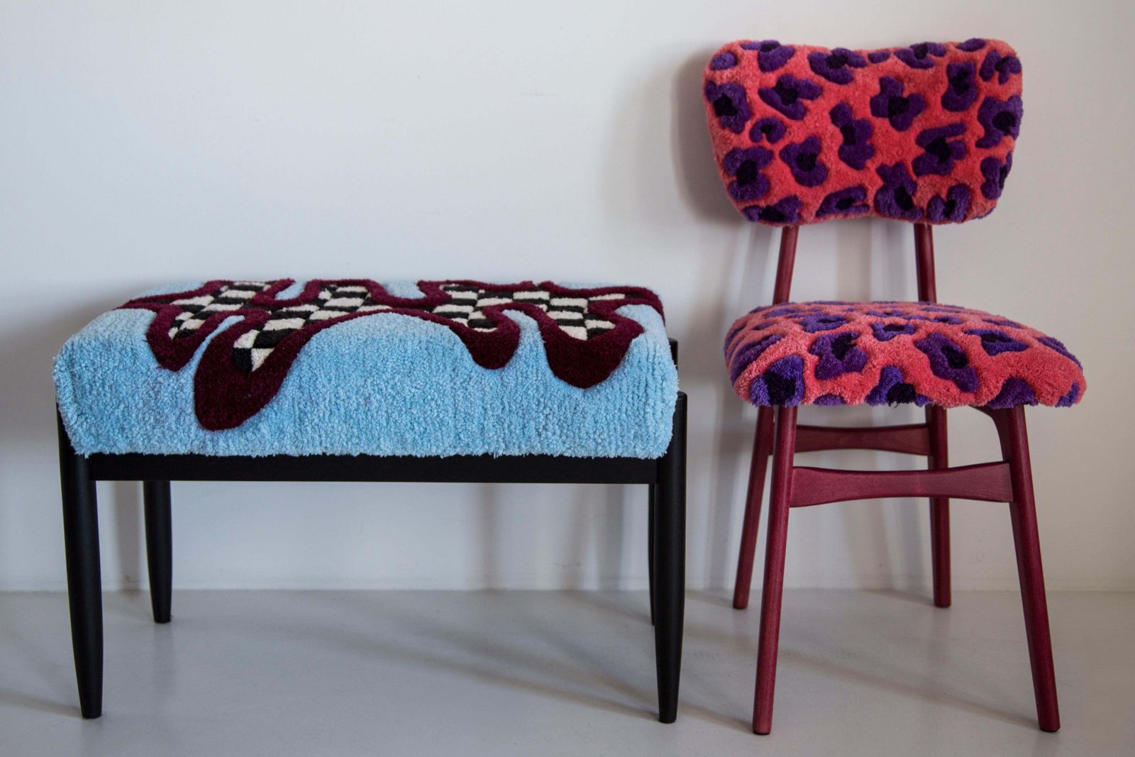 photo for sale Six Mid Century Butterfly Chairs, Hand Tufting Pink Wool Leopard, Europe, 1960s