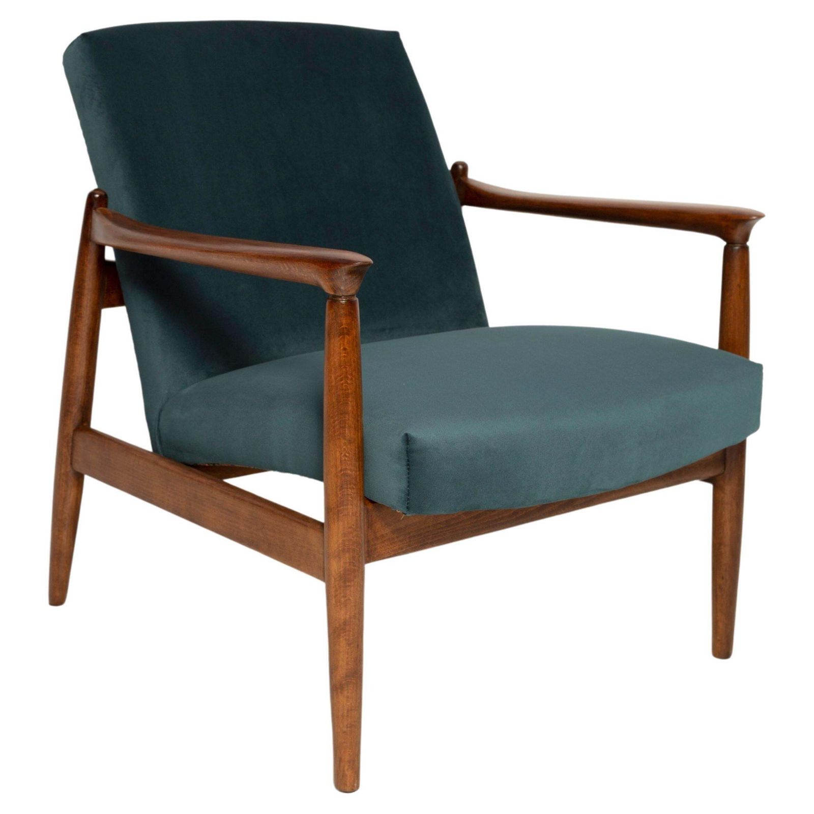 Mid Century Petrol Blauw Fluwelen Fauteuil, Edmund Homa, Polen, Jaren 1960