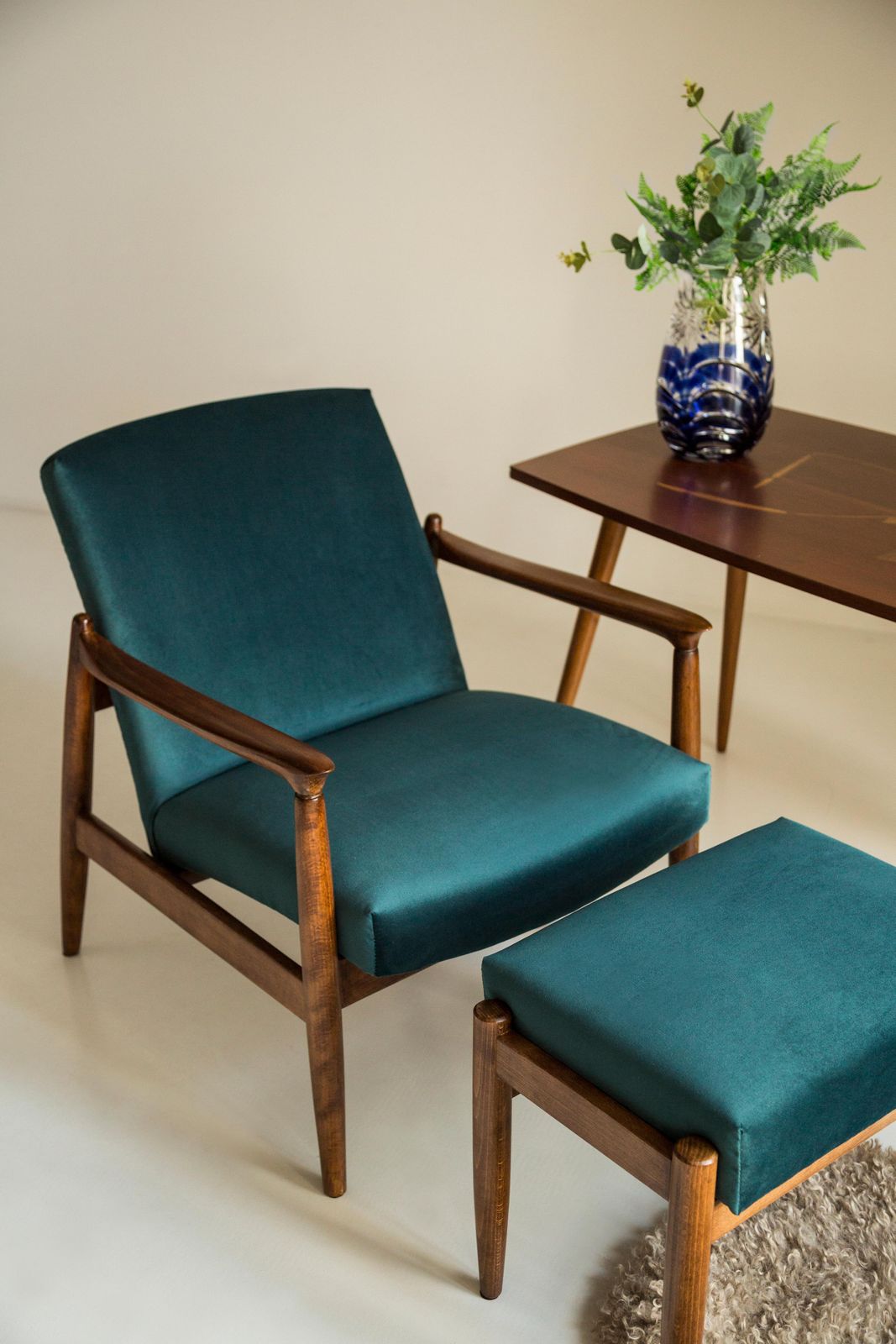Midcentury Petrol Blue Velvet Armchair, Edmund Homa, Poland, 1960s photo furniture