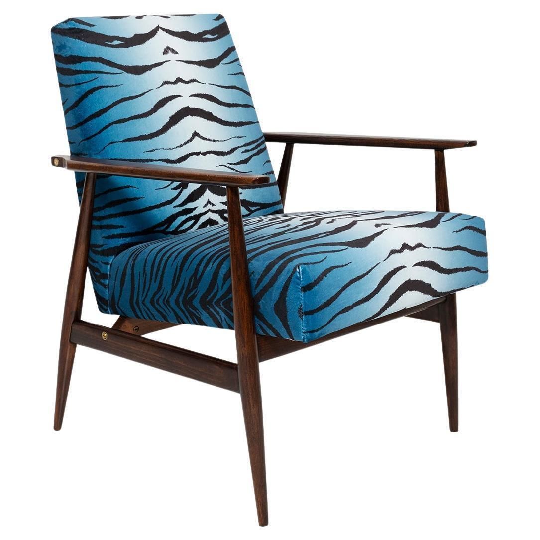 Mid Century Blue Zebra Print Velvet Dante Armchair, H. Lis, 1960s
