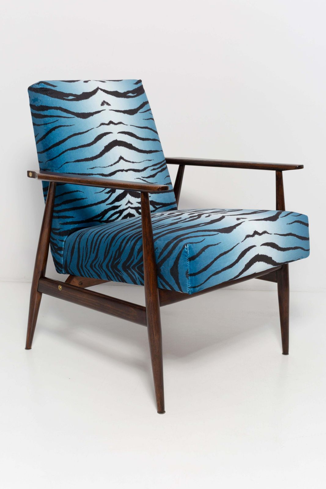 Mid Century Blue Zebra Print Velvet Dante Armchair, H. Lis, 1960s photo furniture