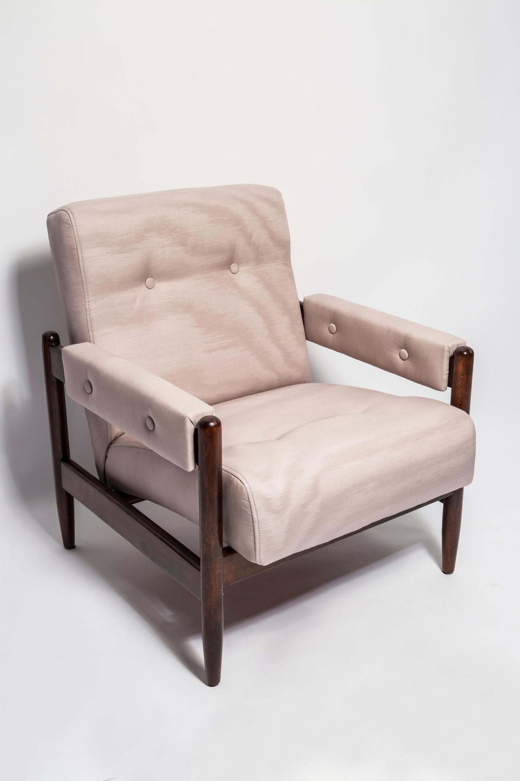 Mid Century Amoir Fou Moiré Purple Pink Armchair, Walnut Wood, Europe, 1960s photo furniture