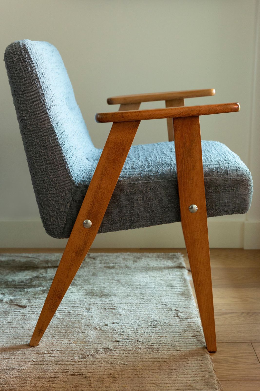 Pair Of Midcentury 366 Club Armchairs In Gray Blue Boucle, Europe, 1960s photo vinterior