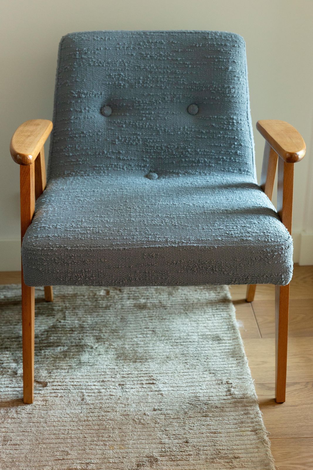 Pair Of Midcentury 366 Club Armchairs In Gray Blue Boucle, Europe, 1960s photo vintage