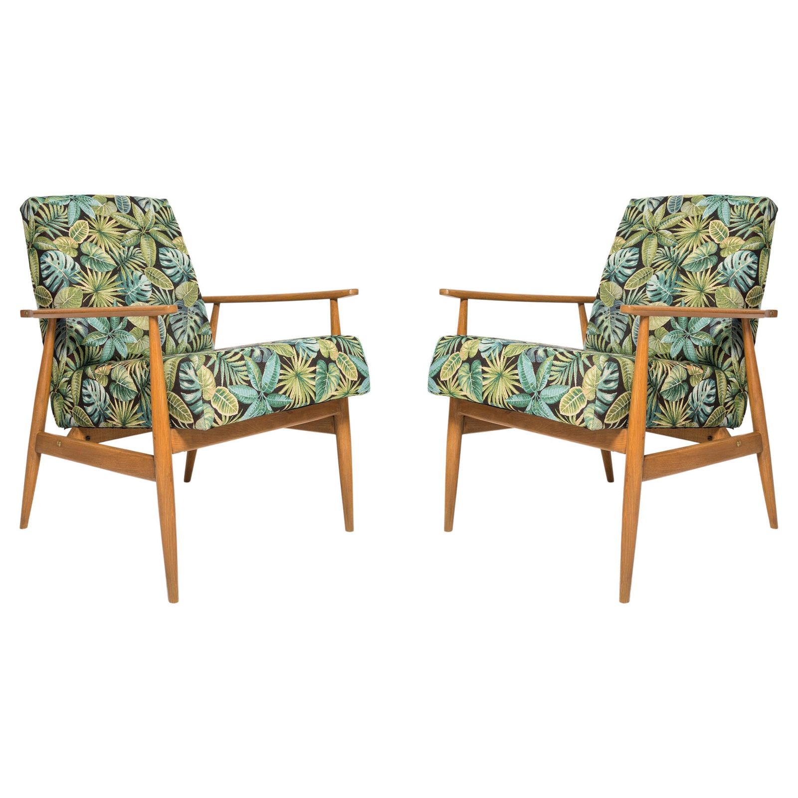 Paar Mid Century Fauteuils Met Groen Bladeren Jacquard Bekleding, Dante, H. Lis, Jaren 1960