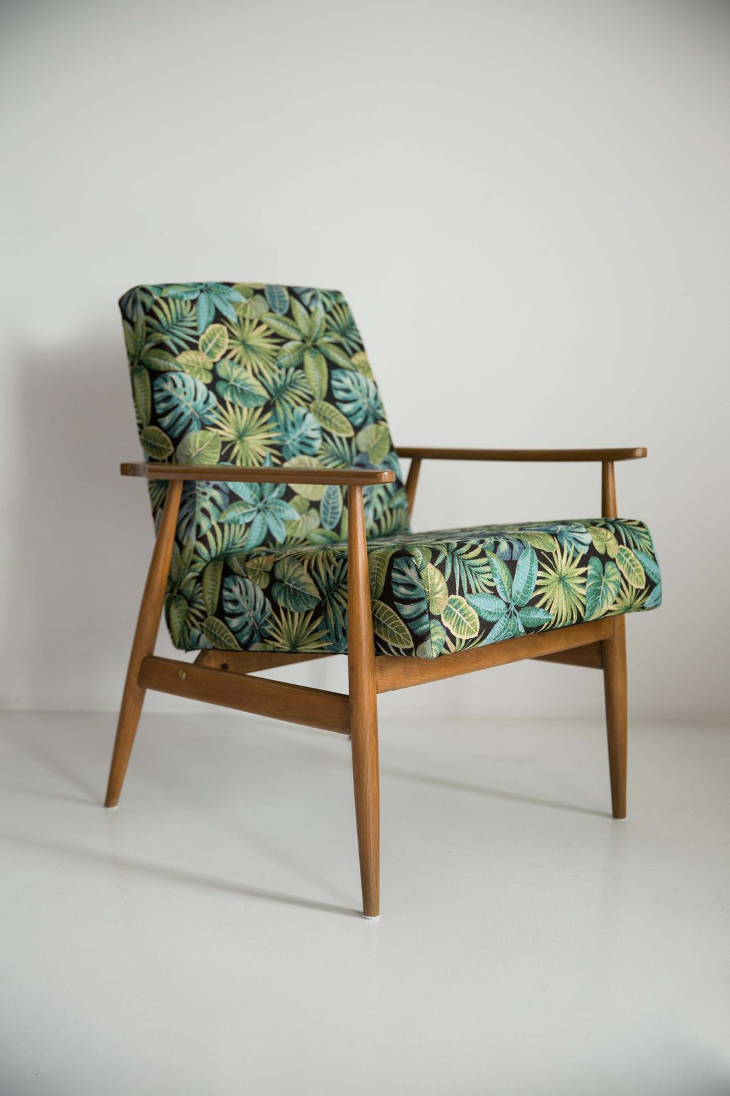 Paar Mid Century Fauteuils Met Groen Bladeren Jacquard Bekleding, Dante, H. Lis, Jaren 1960 photo for sale