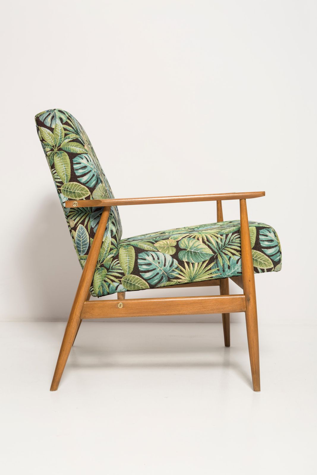 Meubels Paar Mid Century Fauteuils Met Groen Bladeren Jacquard Bekleding, Dante, H. Lis, Jaren 1960 photo