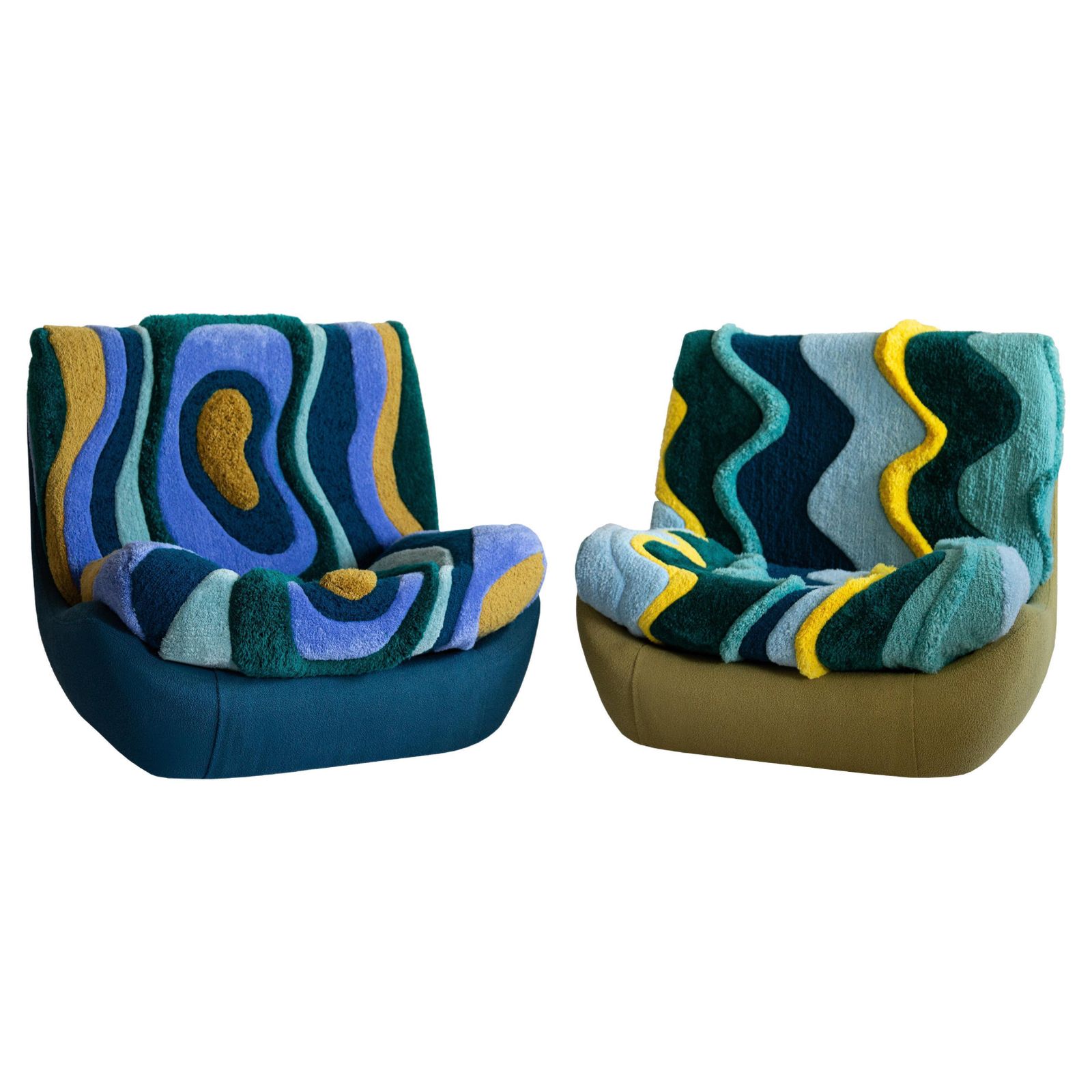 Set Of Two Mid Century Vintage Hand Tufting Blue Atlantis Big Armchairs, 1960s