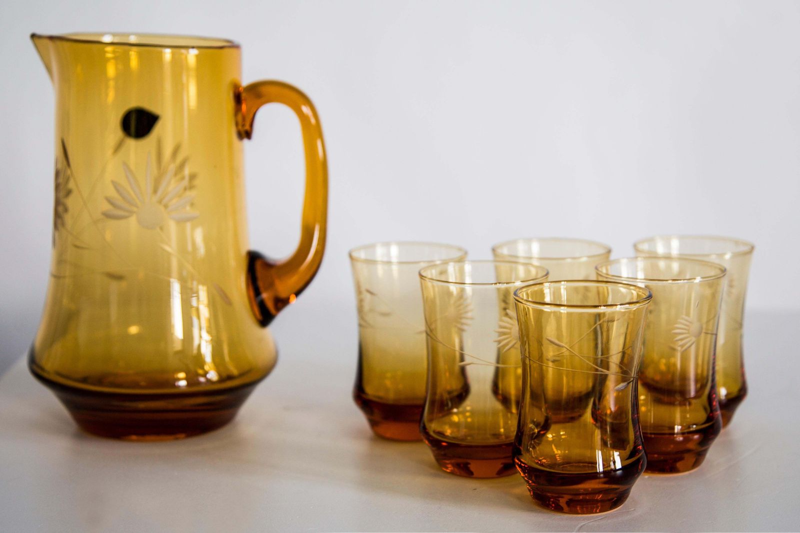 Set Of Six Mid Century Glasses And Yellow Pot, Murano, Europe, 1960s photo vintage