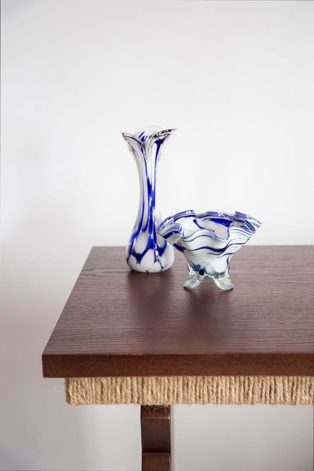 Mid Century Vintage Artistic Glass White And Blue Vase Bowl, Europe, 1970s photo for sale