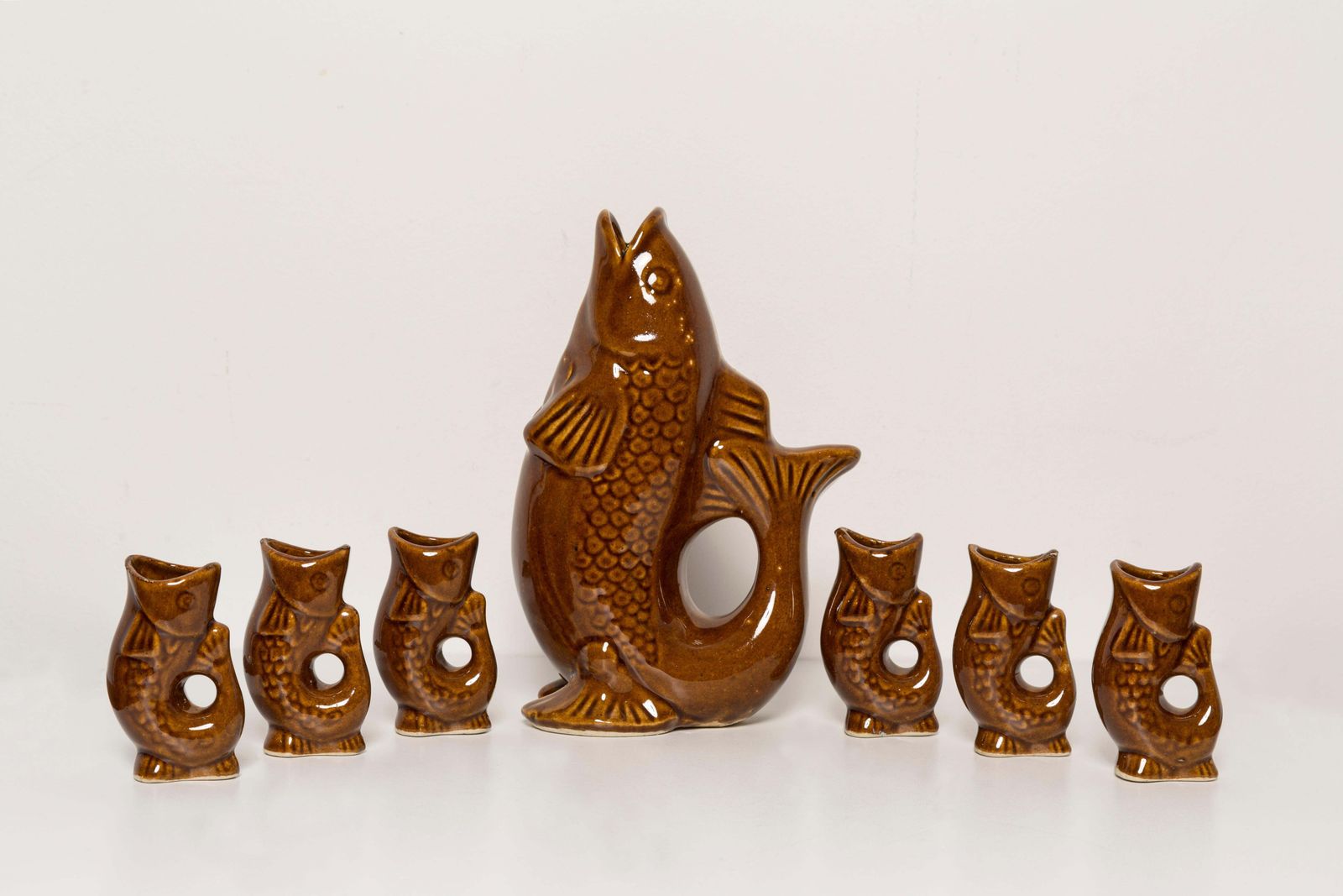 Brown Fish Glass Decanter And Glasses, 20th Century, Europe, 1960s photo vinterior