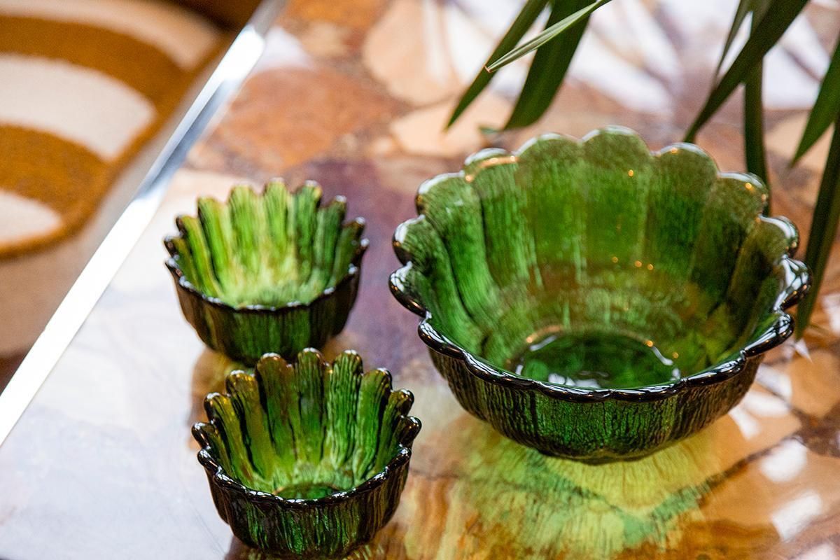 Set Of Three Mid Century Crystal Green Glass Bowls, Italy, 1970s photo furniture