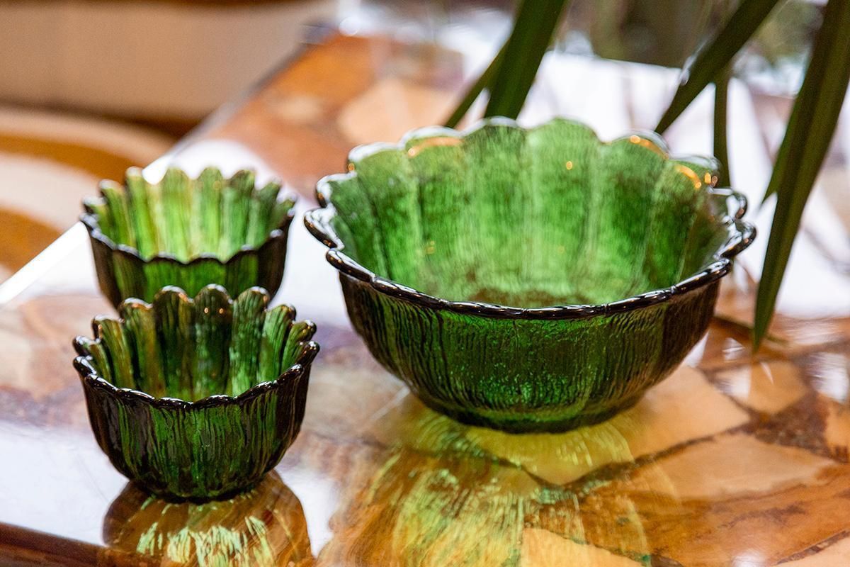 Set Of Three Mid Century Crystal Green Glass Bowls, Italy, 1970s photo for sale