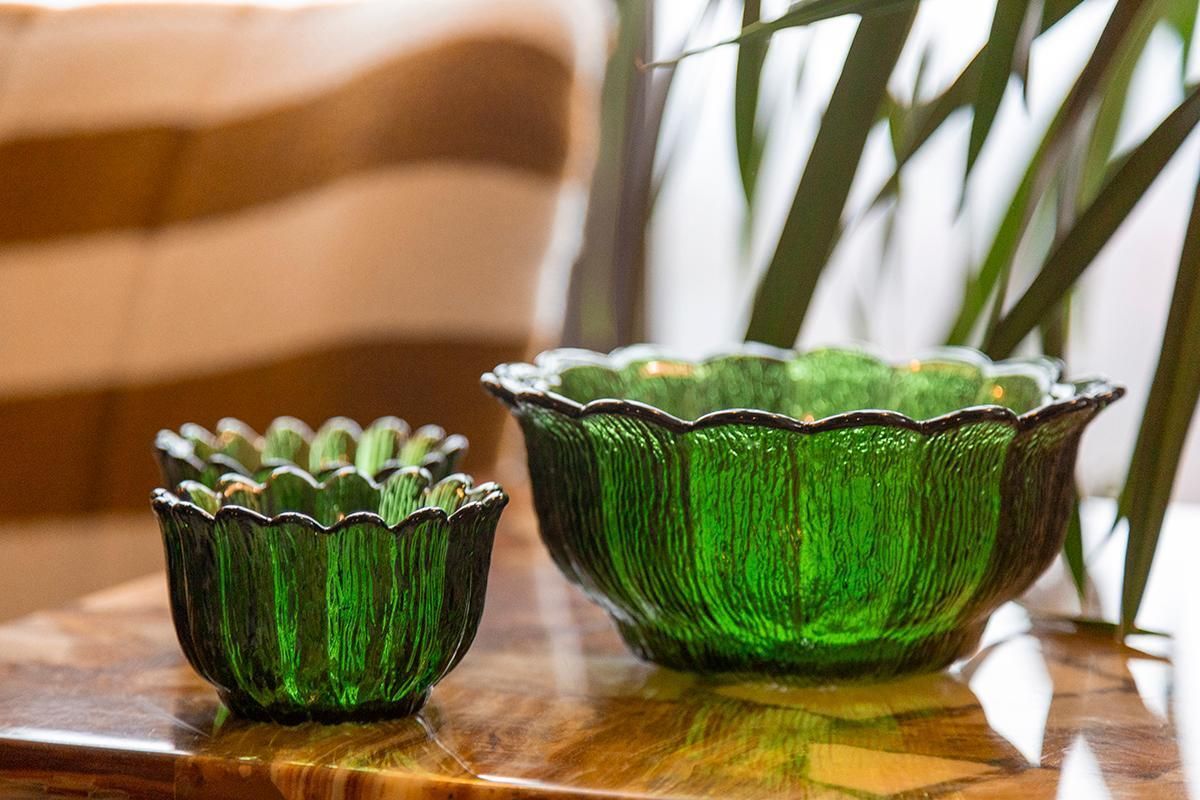 Set Of Three Mid Century Crystal Green Glass Bowls, Italy, 1970s photo Home Decor