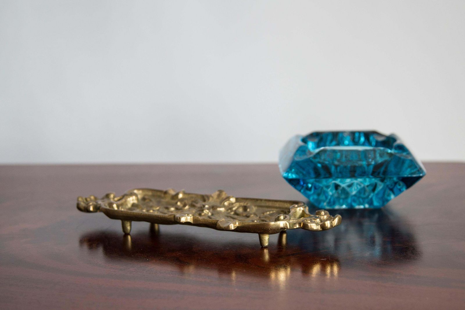 Mid Century Brass Metal Small Plate Bowl Ashtray, Gold Flowers, Italy, 1970s photo for sale