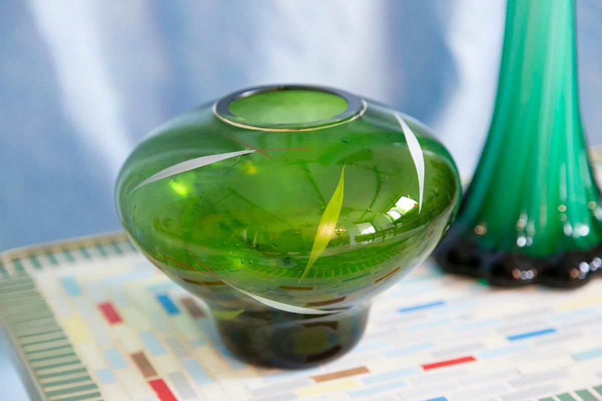 Mid Century Green Hand Painted Crystal Vase, Europe, 1960s photo 77.0